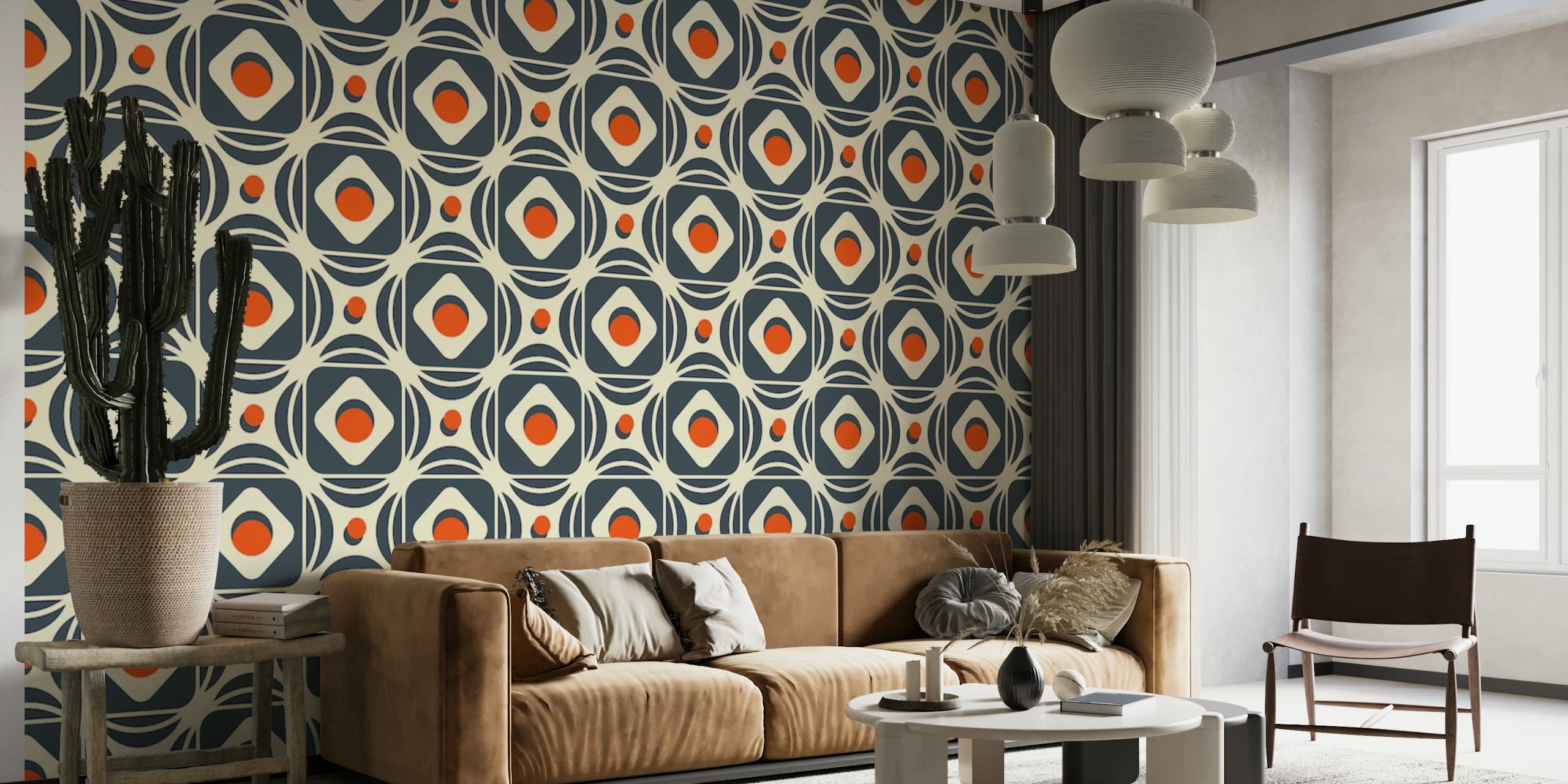 2184 Mural de parede geométrico abstrato com um padrão complexo de formas e cores contrastantes