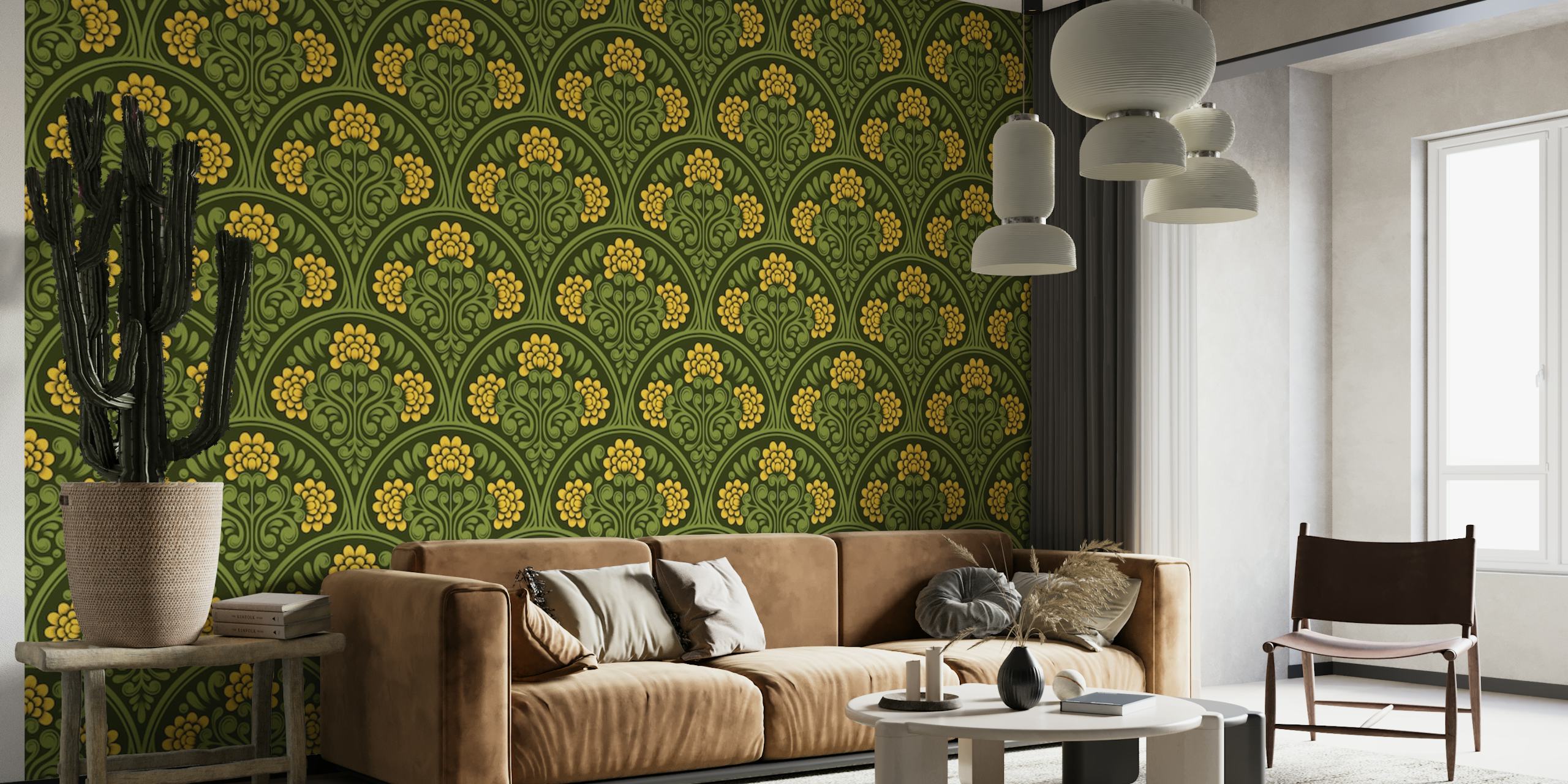 Gele bloemenpatroon muurschildering met groene achtergrond