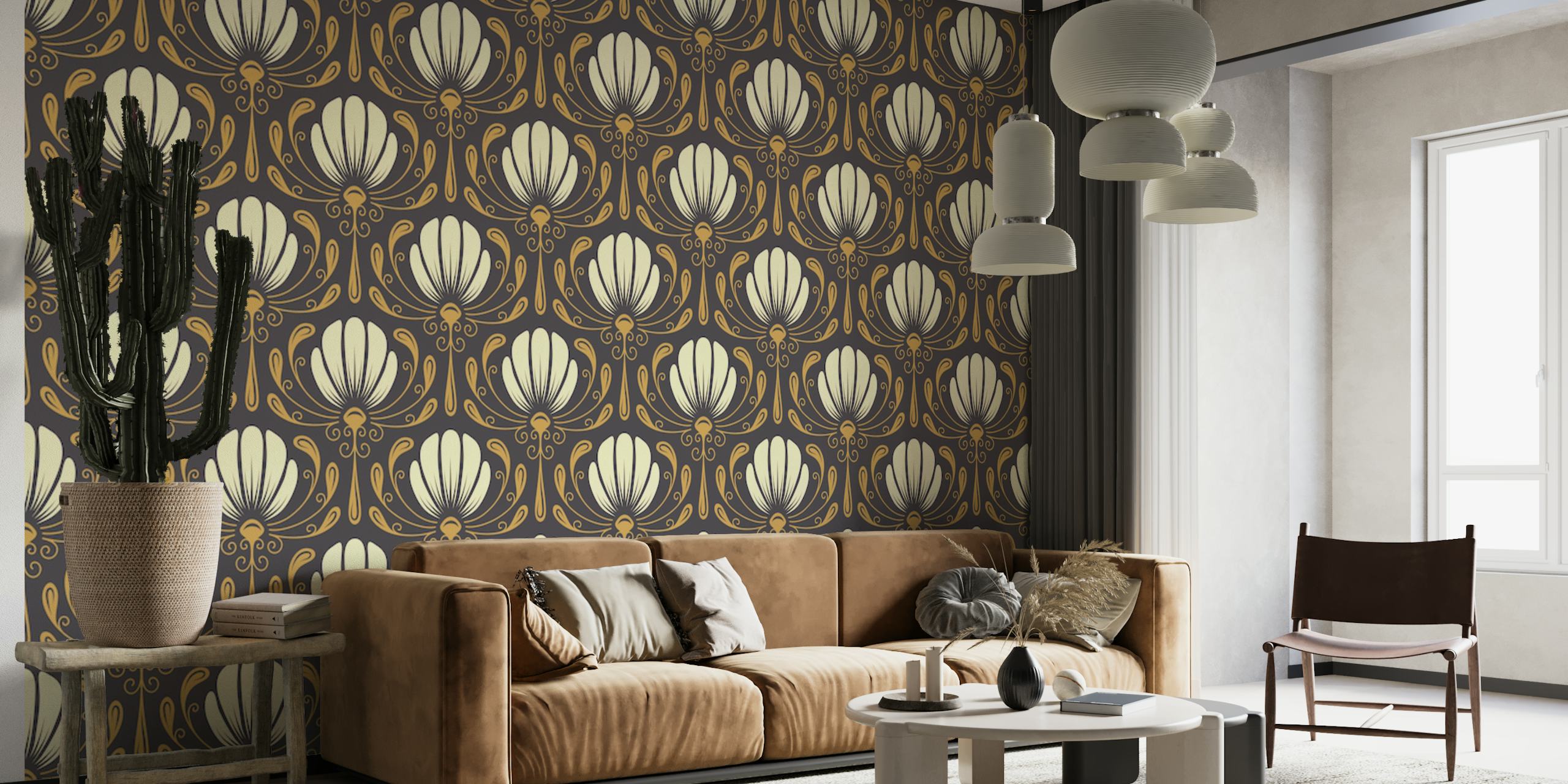 Beige floral pattern on dark brown background wallpaper
