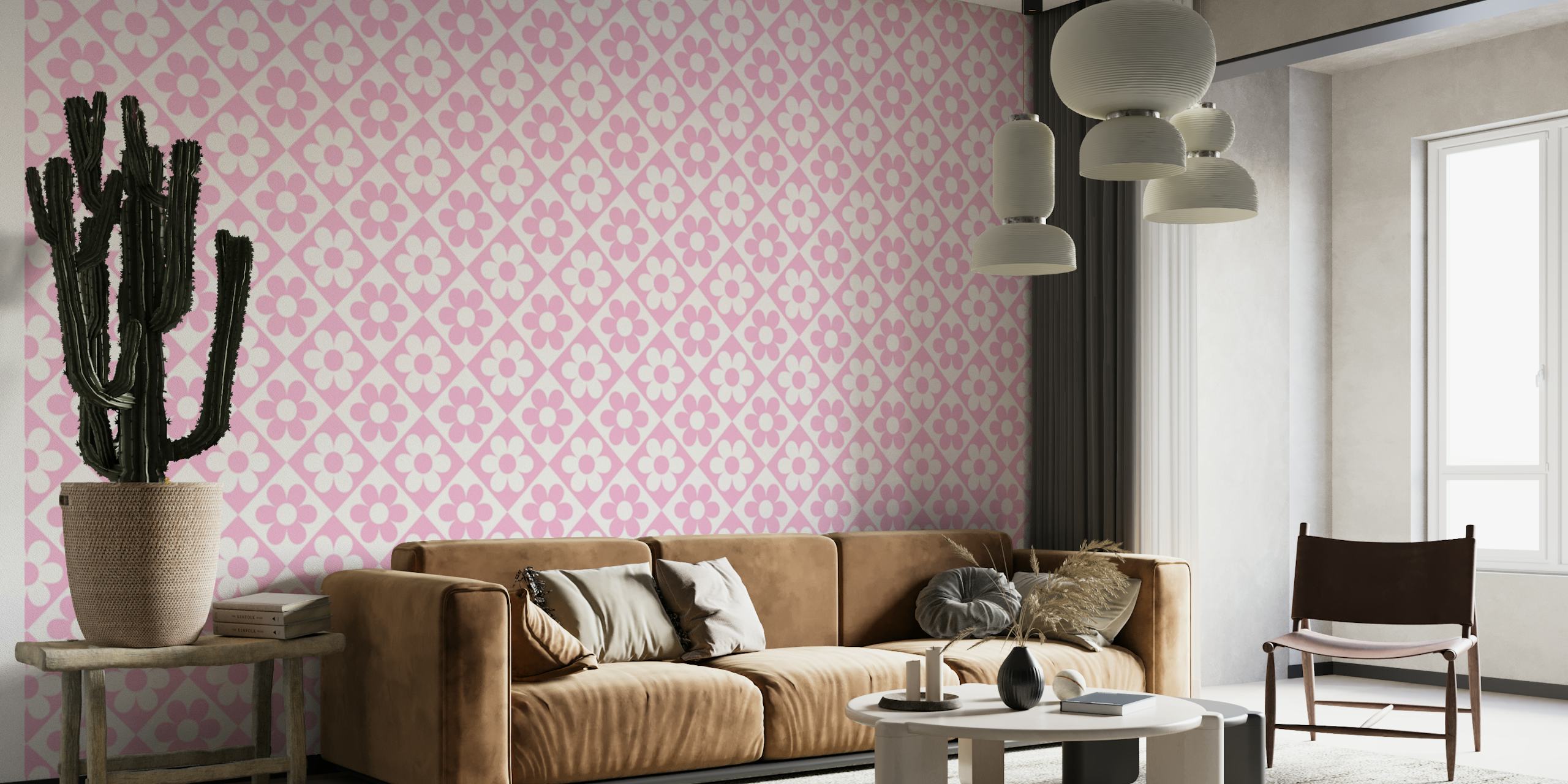 Floral Check - pink wallpaper