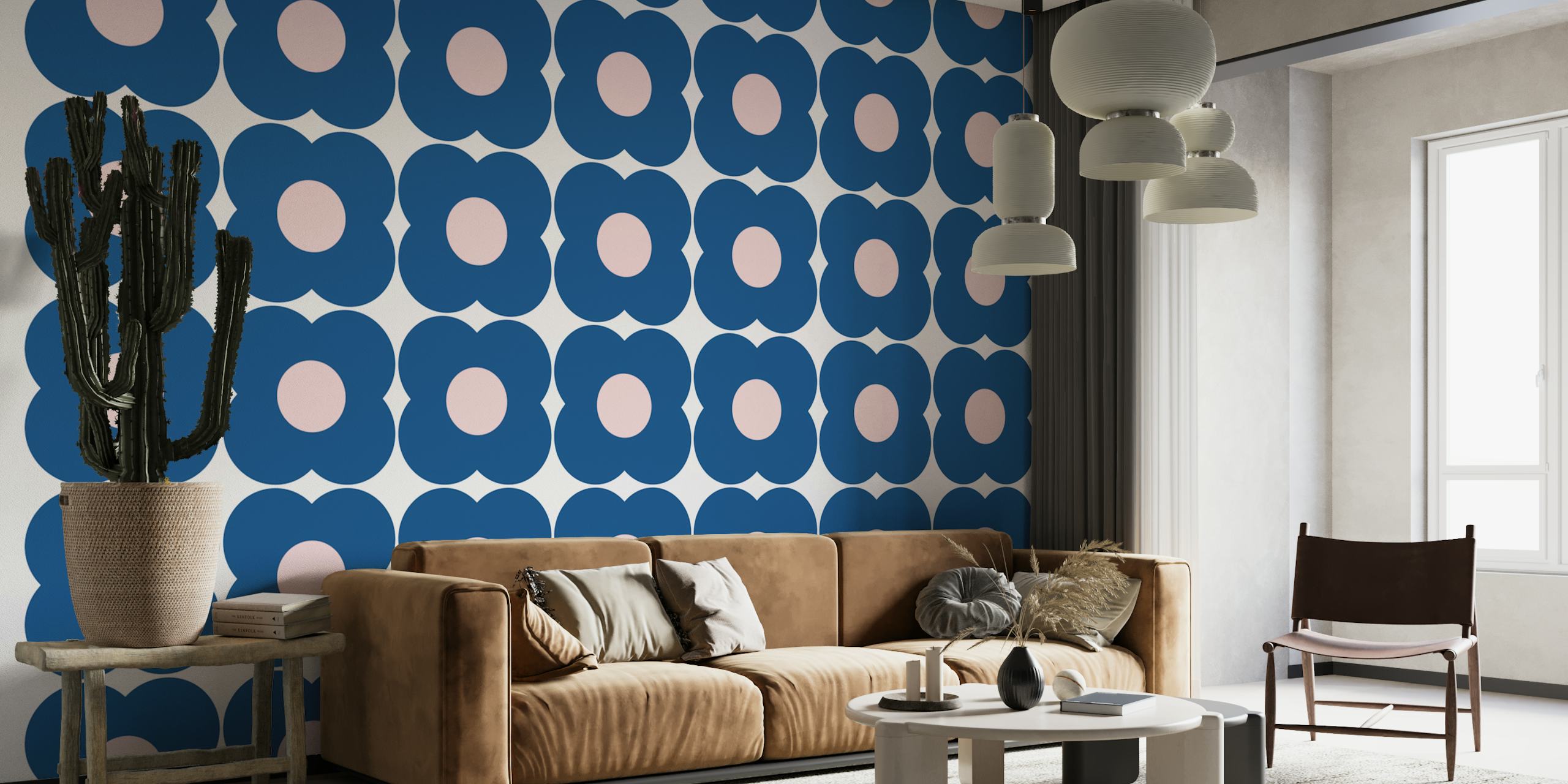 Retro Blue Geometric Flowers wallpaper in a room
