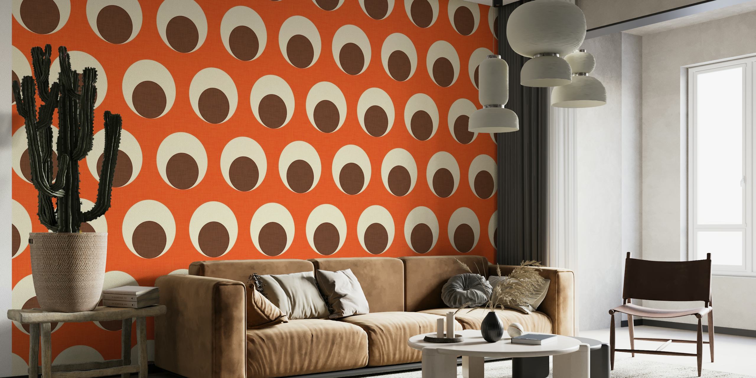 Oranje en gebroken witte stippenpatroon muurschildering voor modern interieur