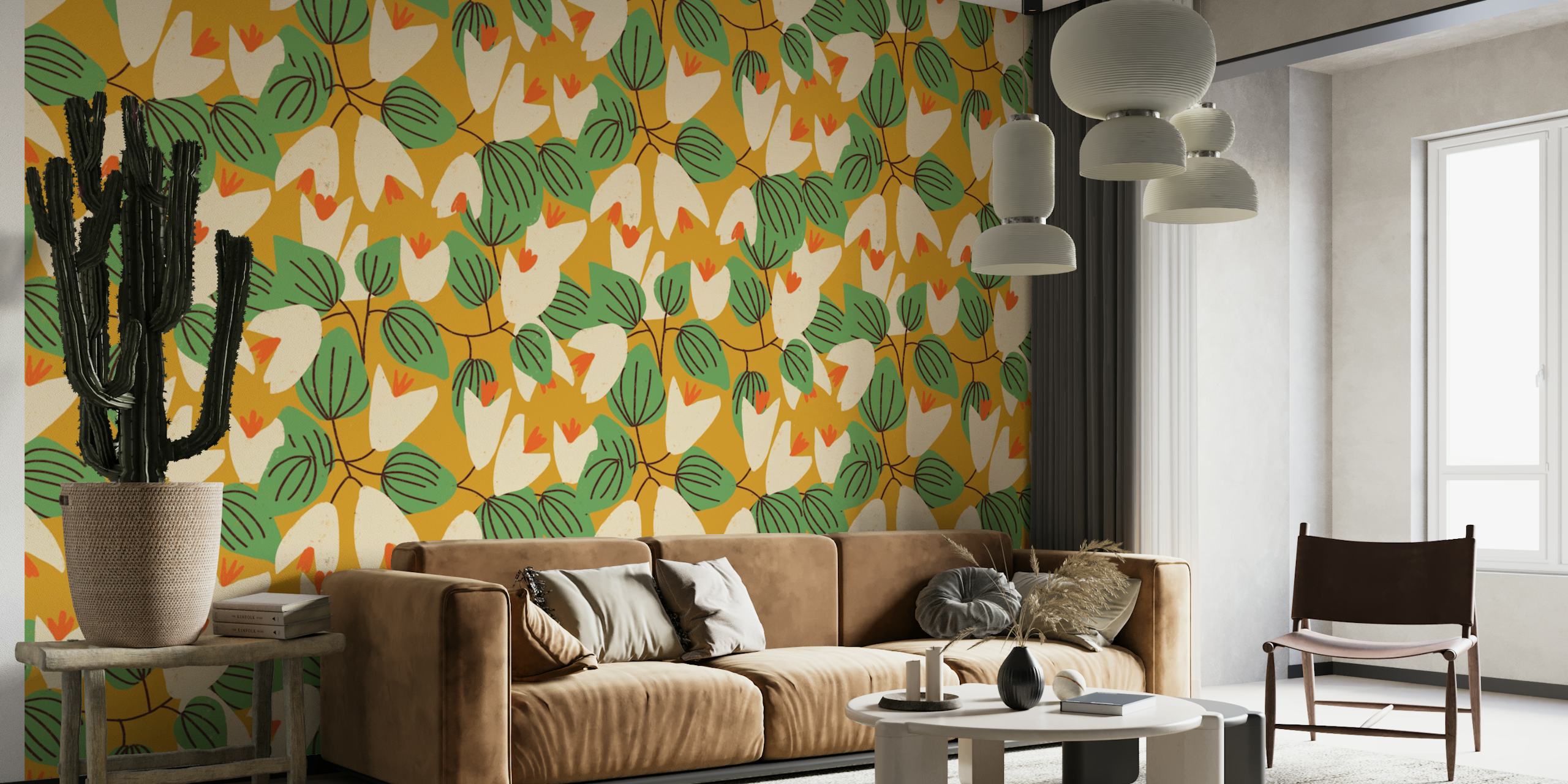 Vivid yellow floral wallpaper design in a room
