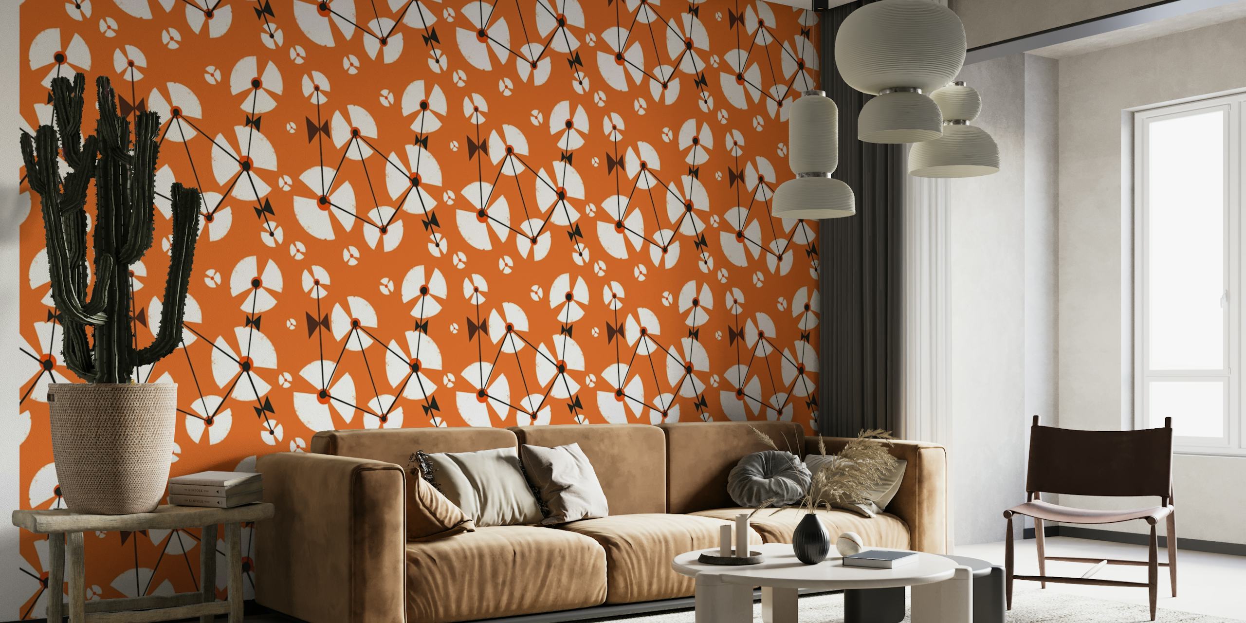 Stylized white dandelion silhouettes on a vivid orange background wall mural