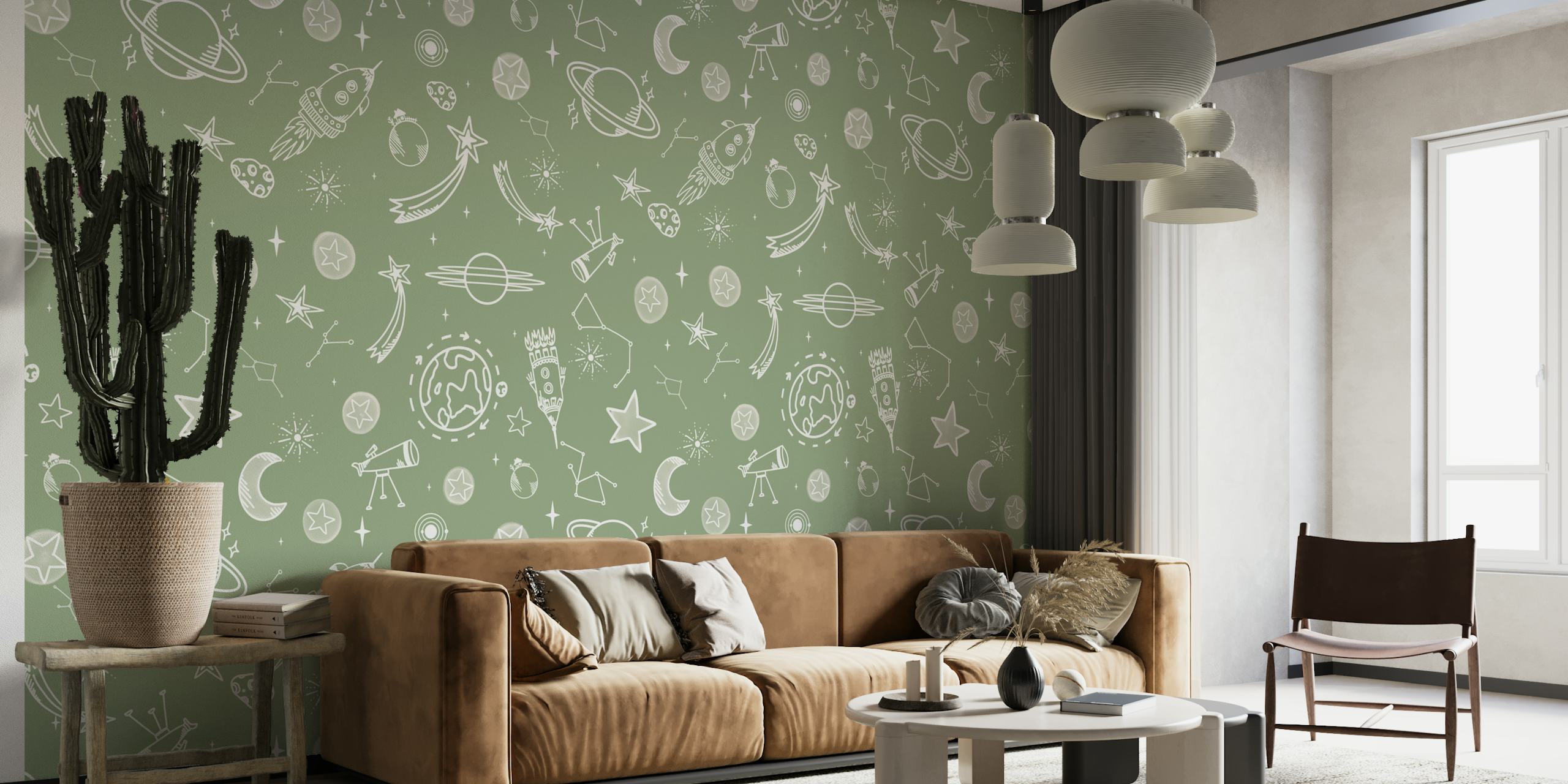 Whimsical wallpaper design with rockets and stars