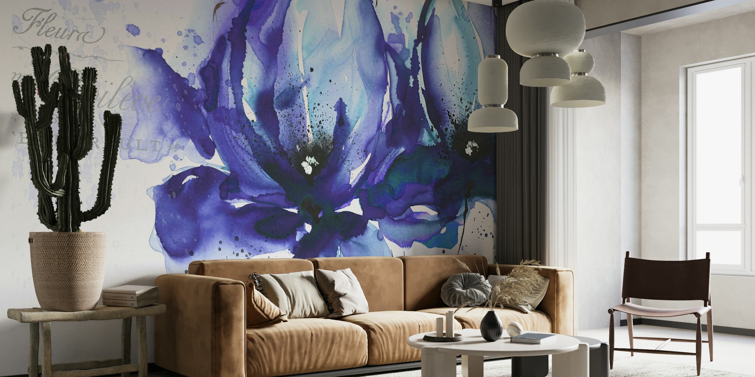 Taiteellinen sininen akvarelli kukkainen seinämaalaus