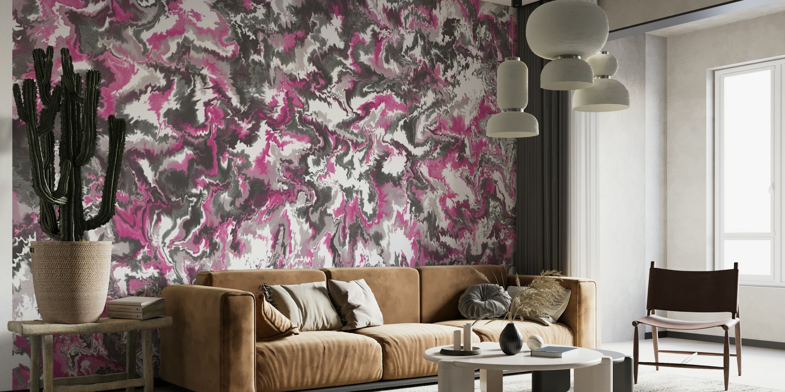 Abstract roze en zilverkleurige muurschildering