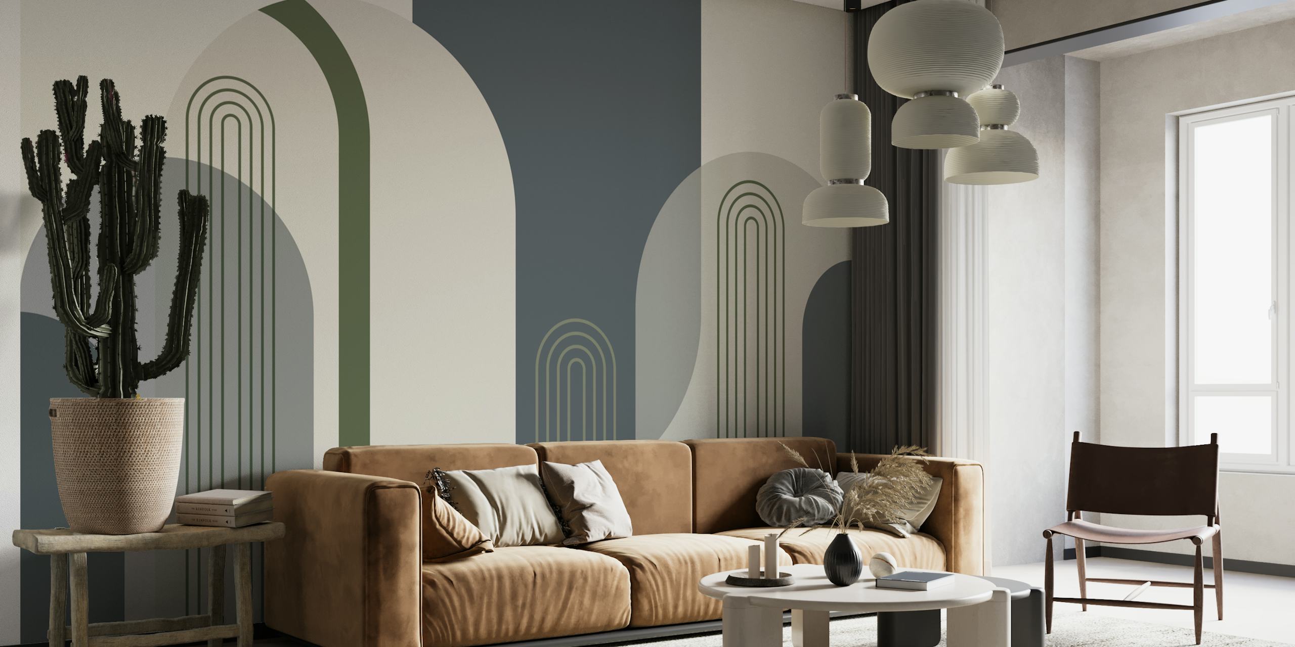 Mid Century Modern arches pattern in blue and green wallpaper