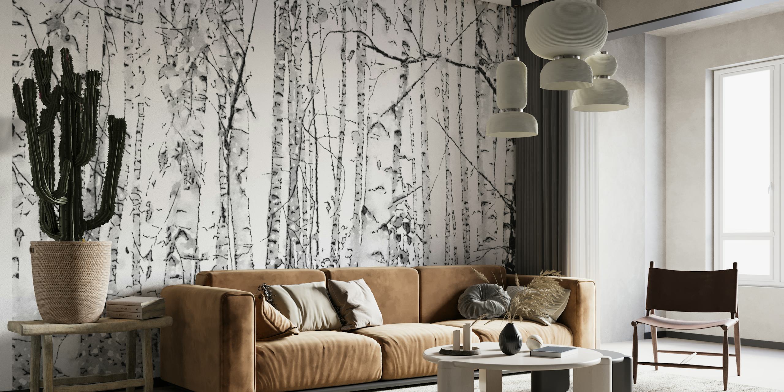 Crno-bijeli zidni mural šume breze koji prikazuje mirnu ljepotu vitkih stabala breze.