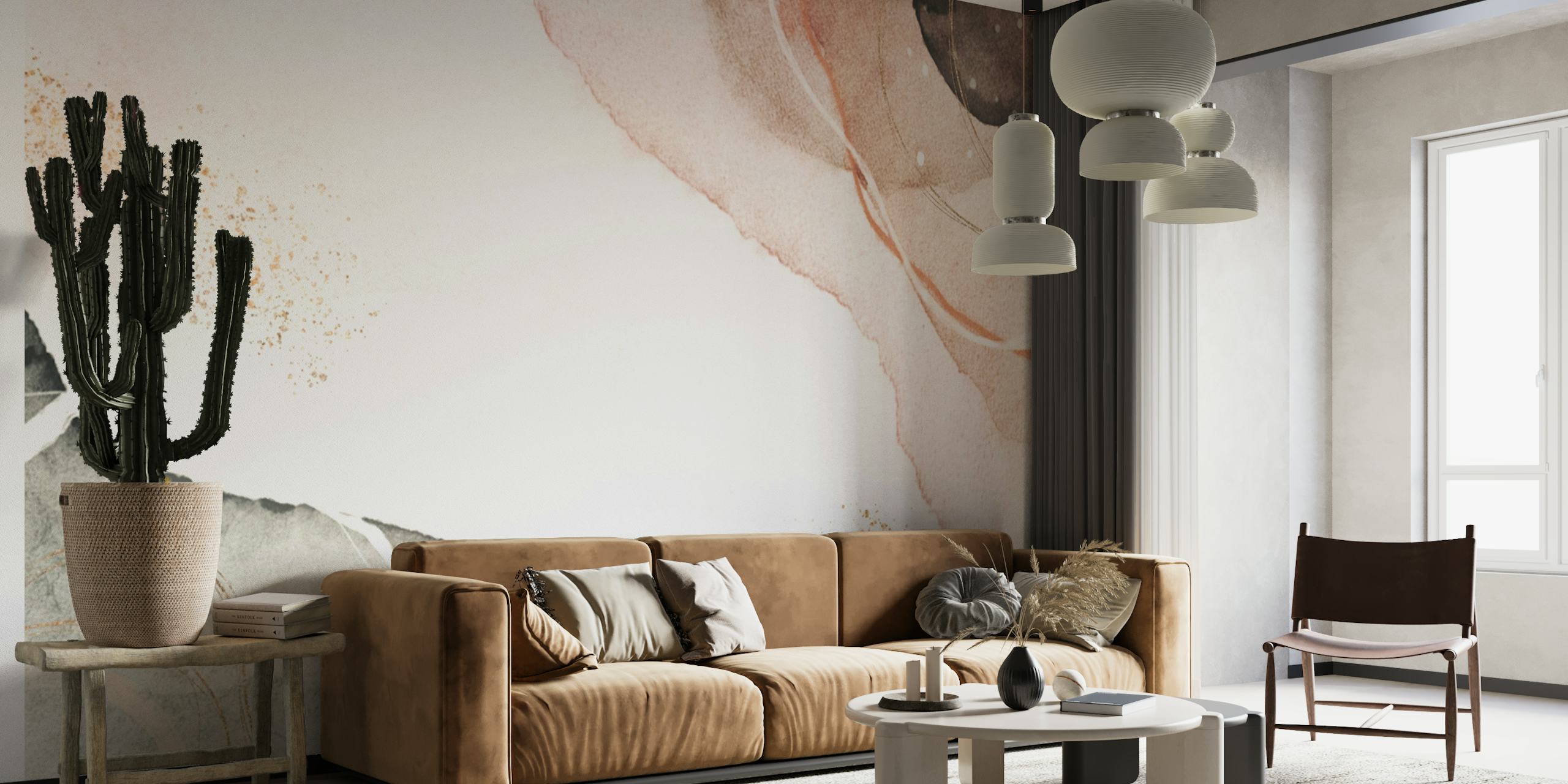 Artistic abstract wall mural in light beige with soft pastel textures and sparkling accents
