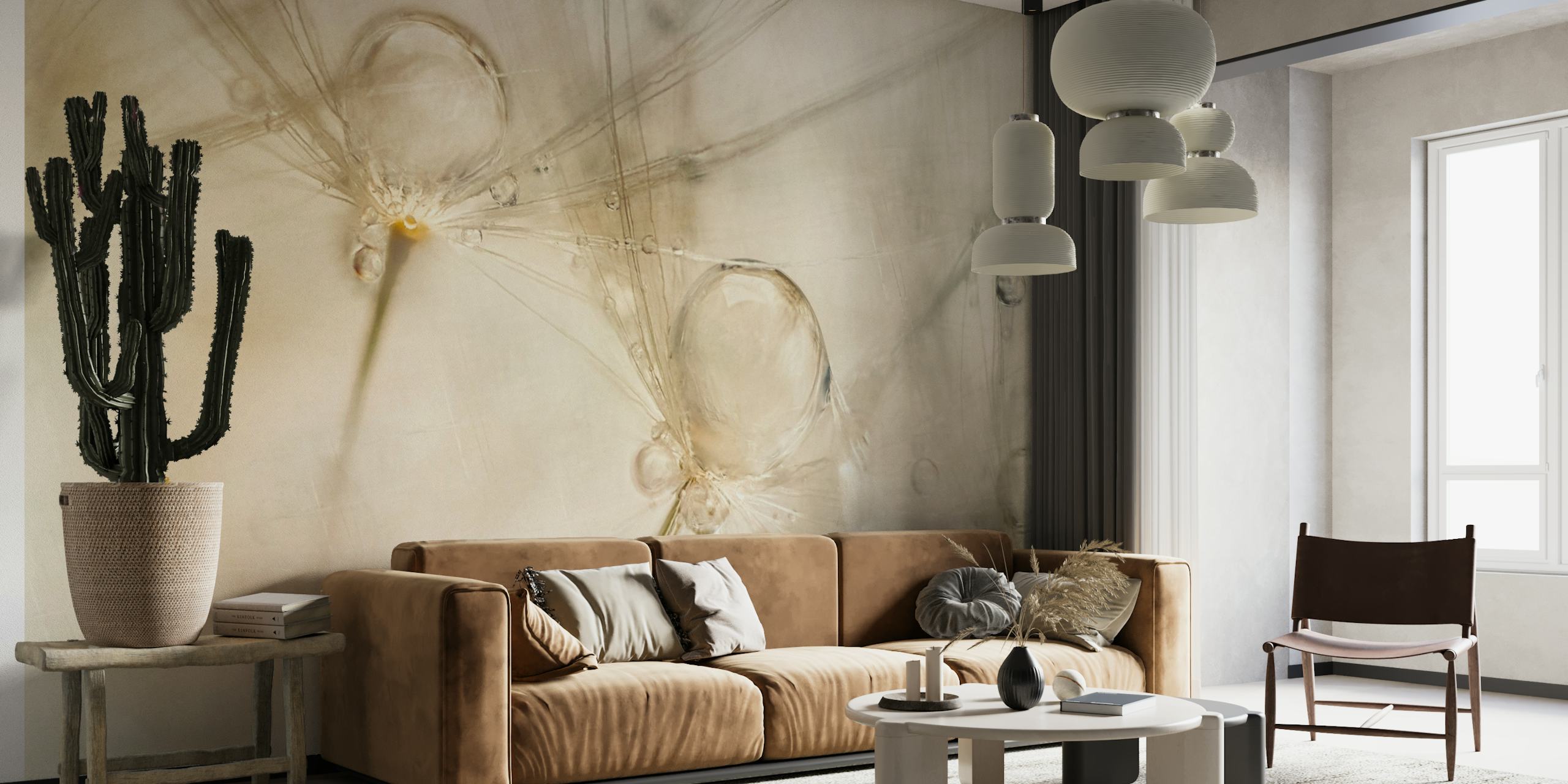 Abstract watercolor wall mural with soft neutral tones and fluid shapes.