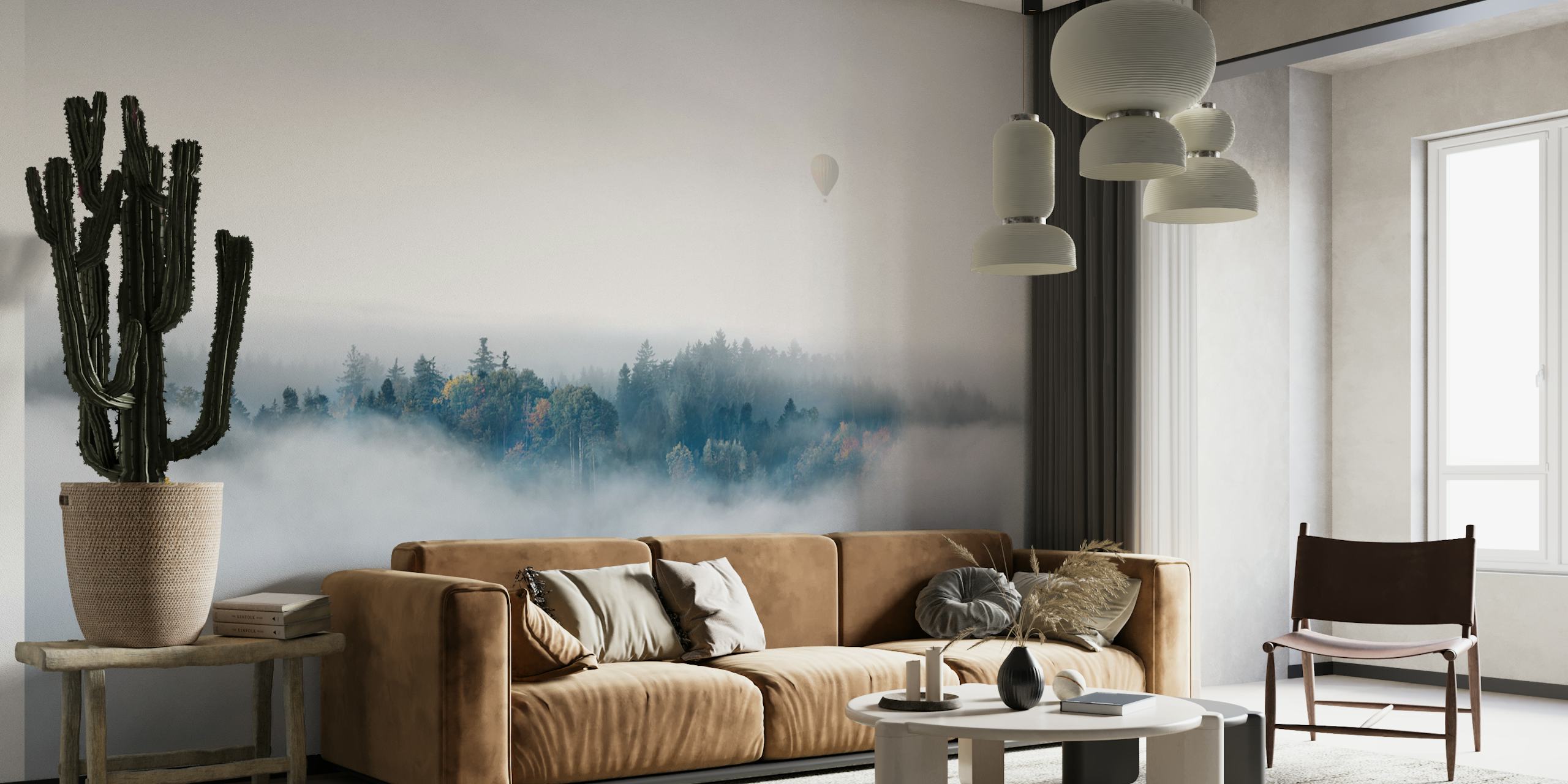 Misty landscape with trees and a hot air balloon, grey tones wallpaper