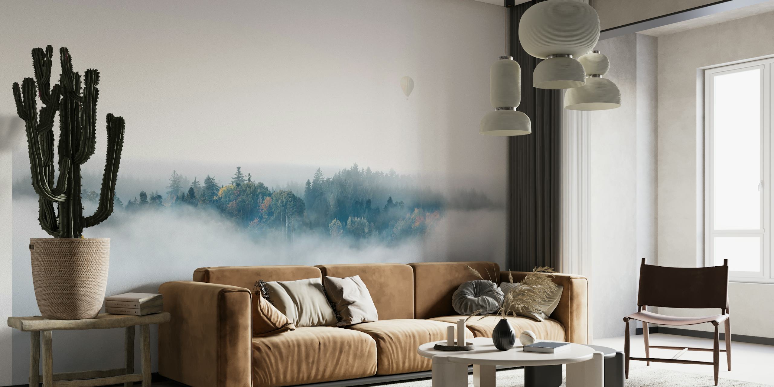 Misty forest landscape wall mural with trees shrouded in fog