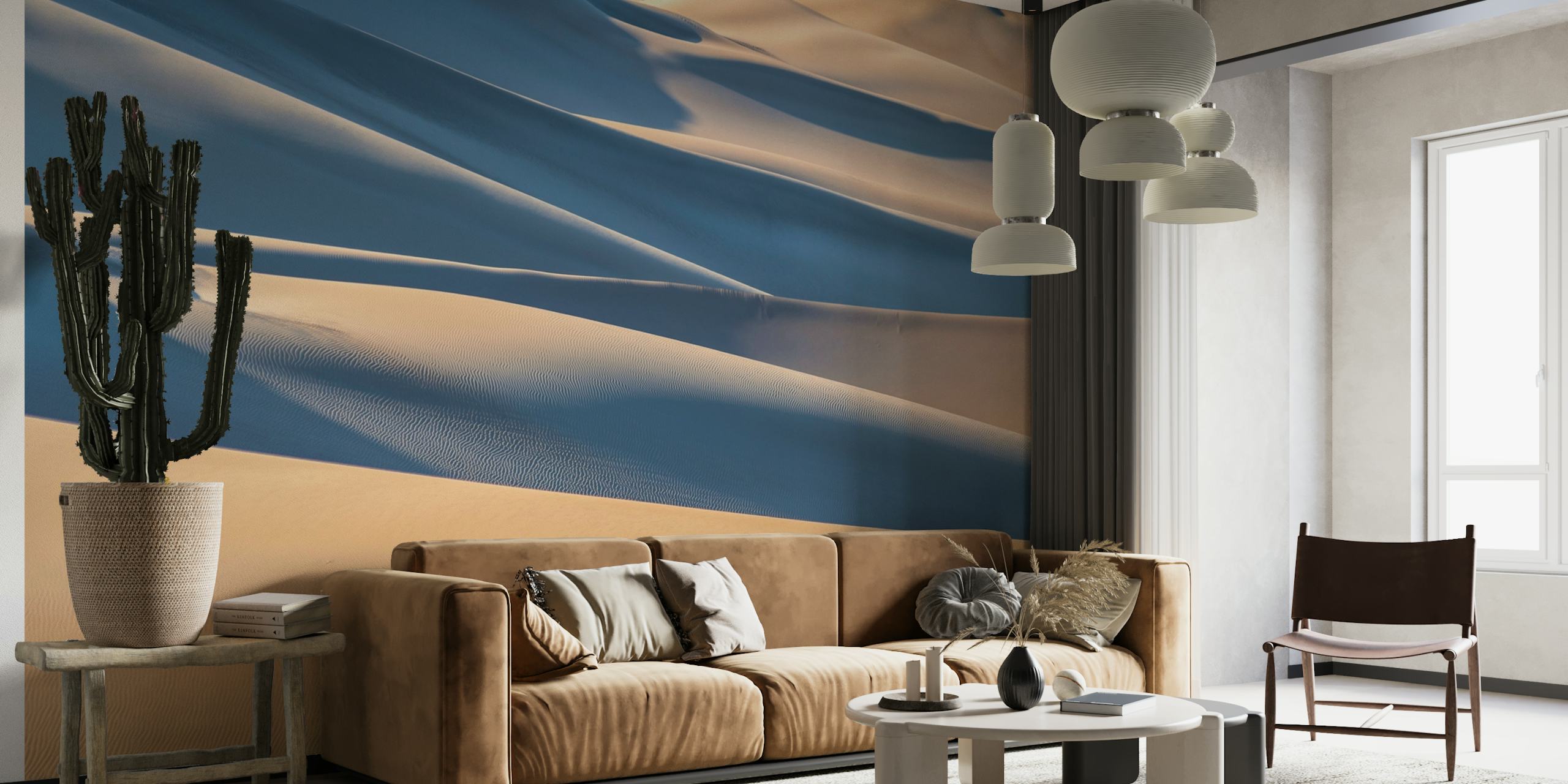 Desert wall mural with serene sand dunes and soft shadows