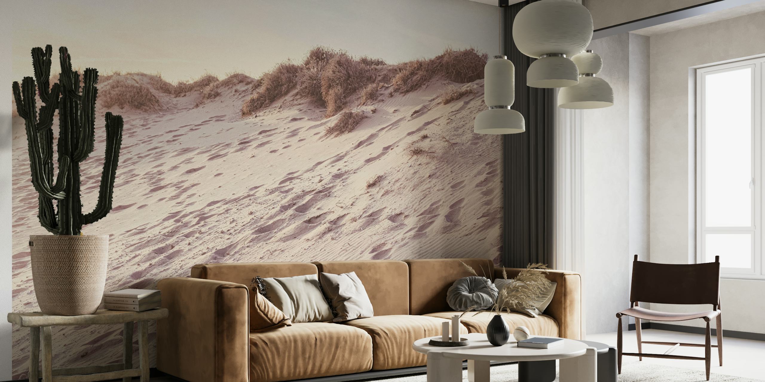 Mural de parede sereno de dunas de praia com tons quentes e iluminação suave