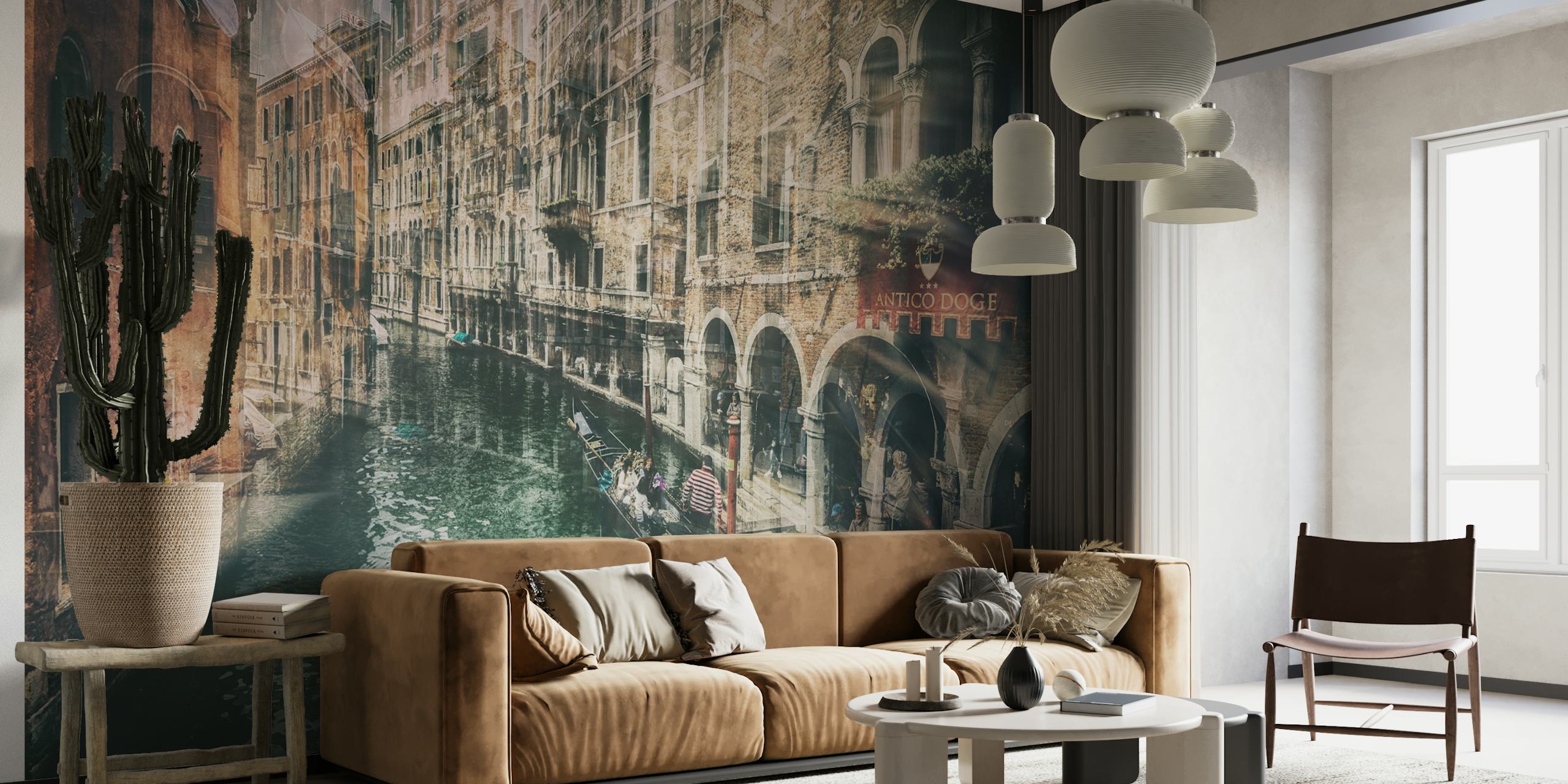 Mural de pared de estilo vintage que representa un canal veneciano con arquitectura histórica