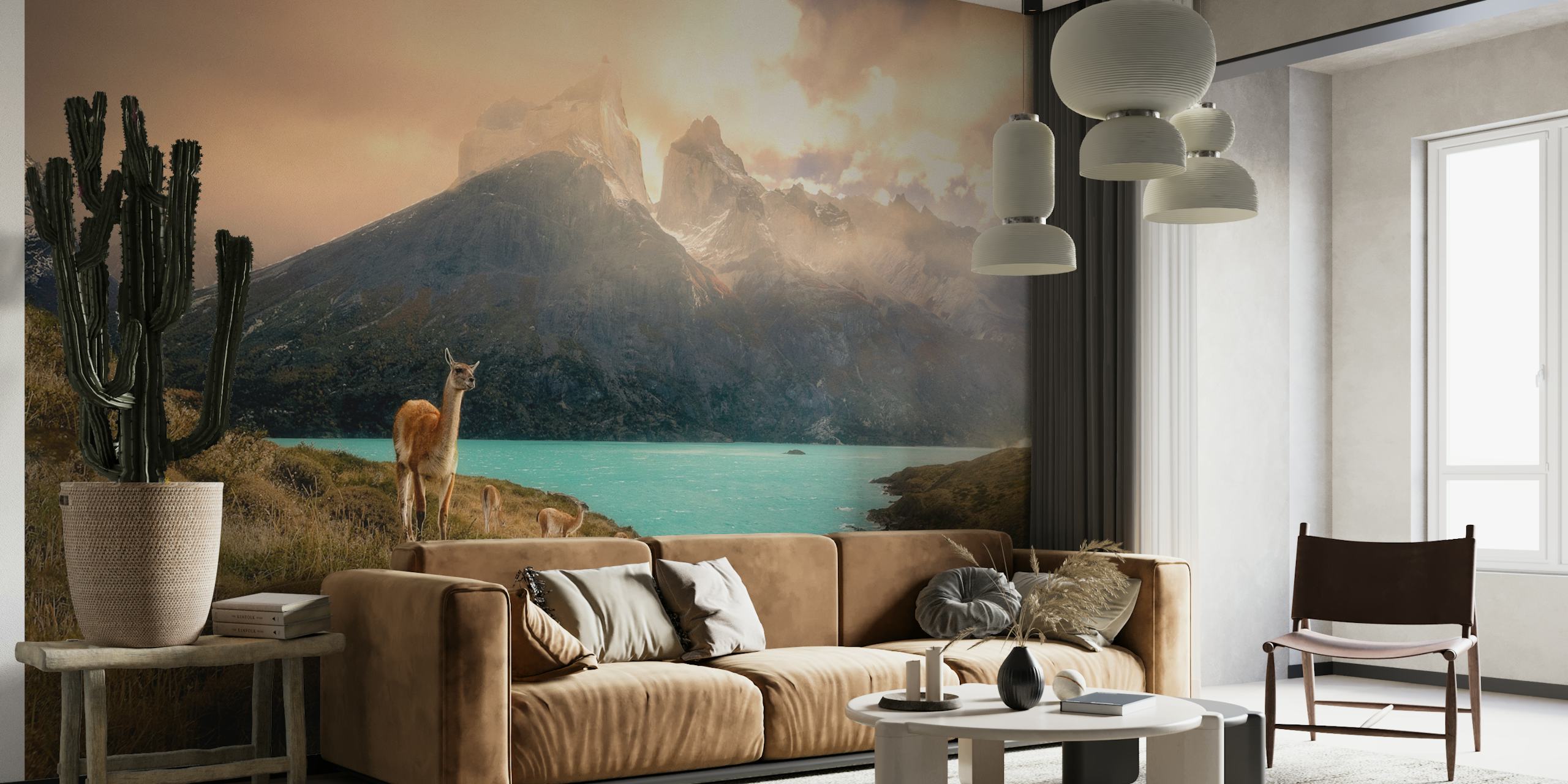 Alpacas in a scenic landscape with mountains and turquoise lake wallpaper