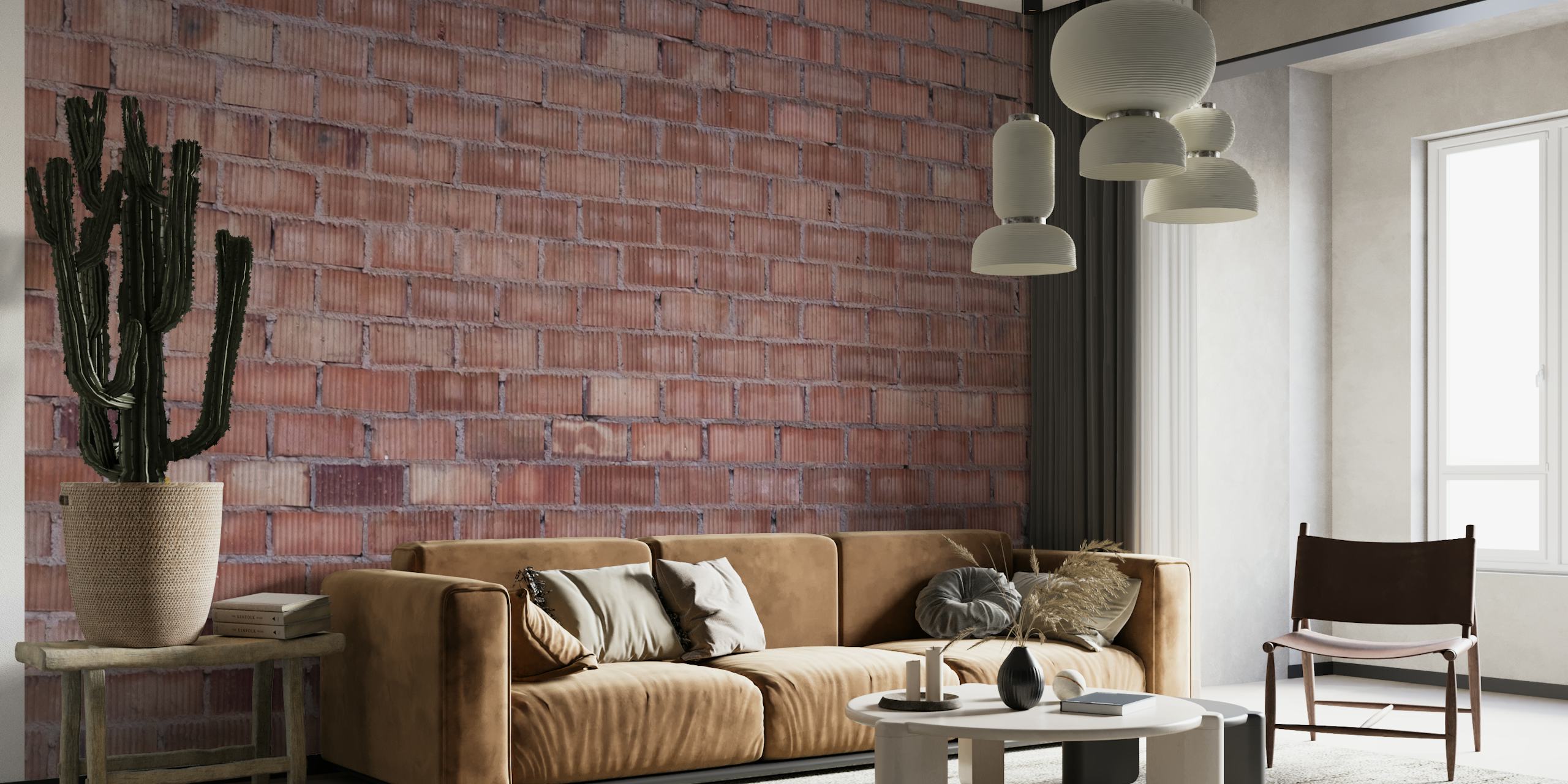 Textured brick wall mural with warm terracotta and dusky rose tones