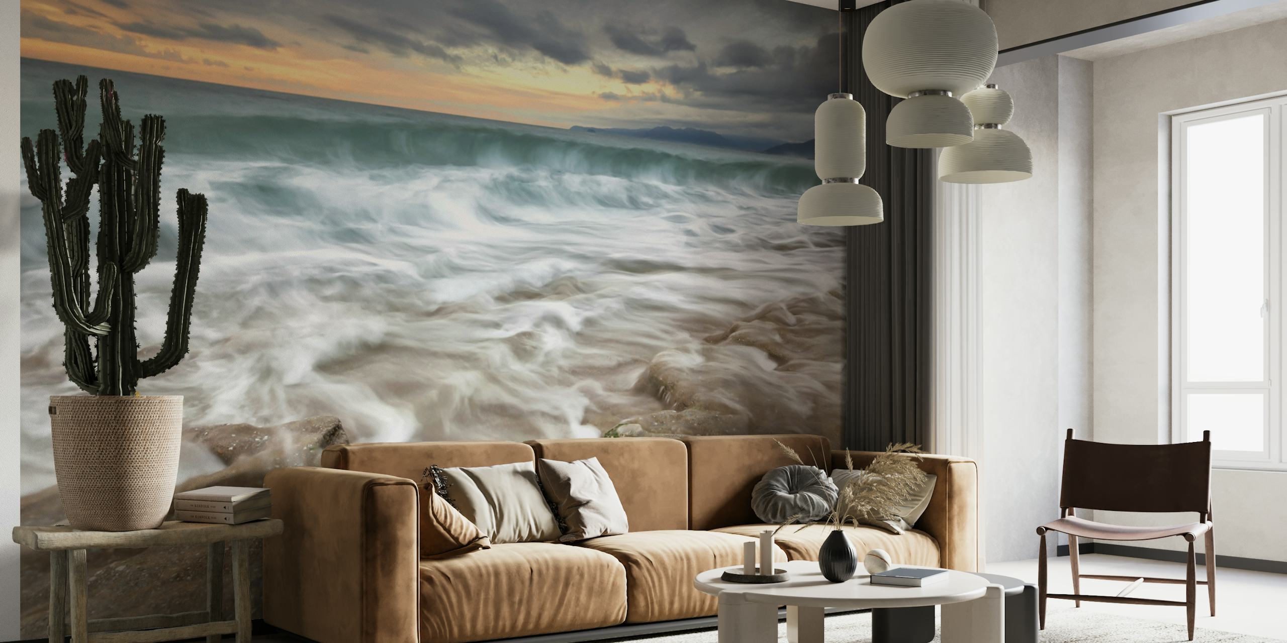 Dynamic sea wave wall mural under stormy sky
