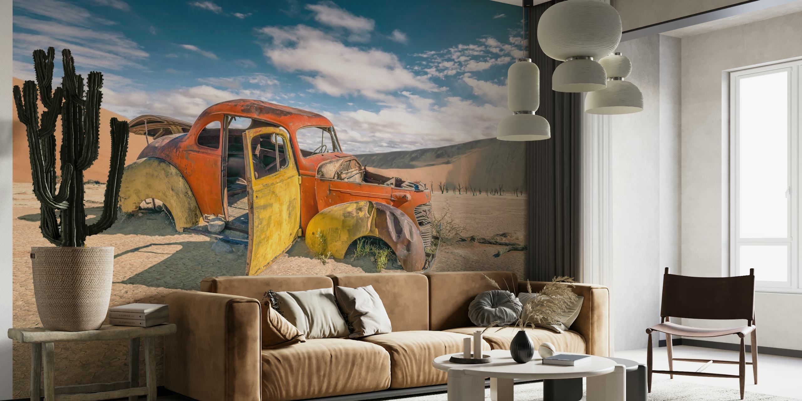 Vintage verlaten auto in woestijn muurschildering