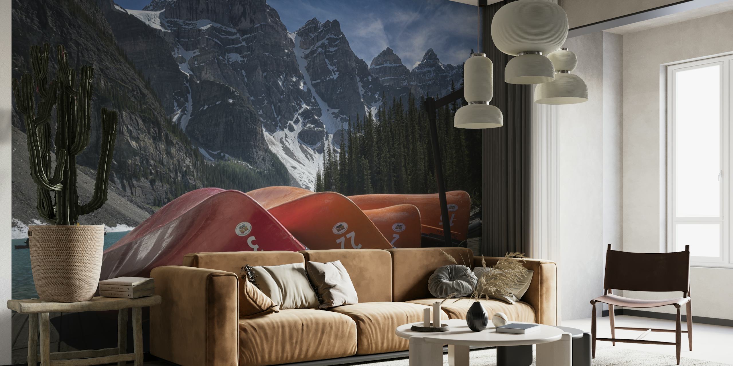 Four Peaks mountain landscape with red canoes wall mural