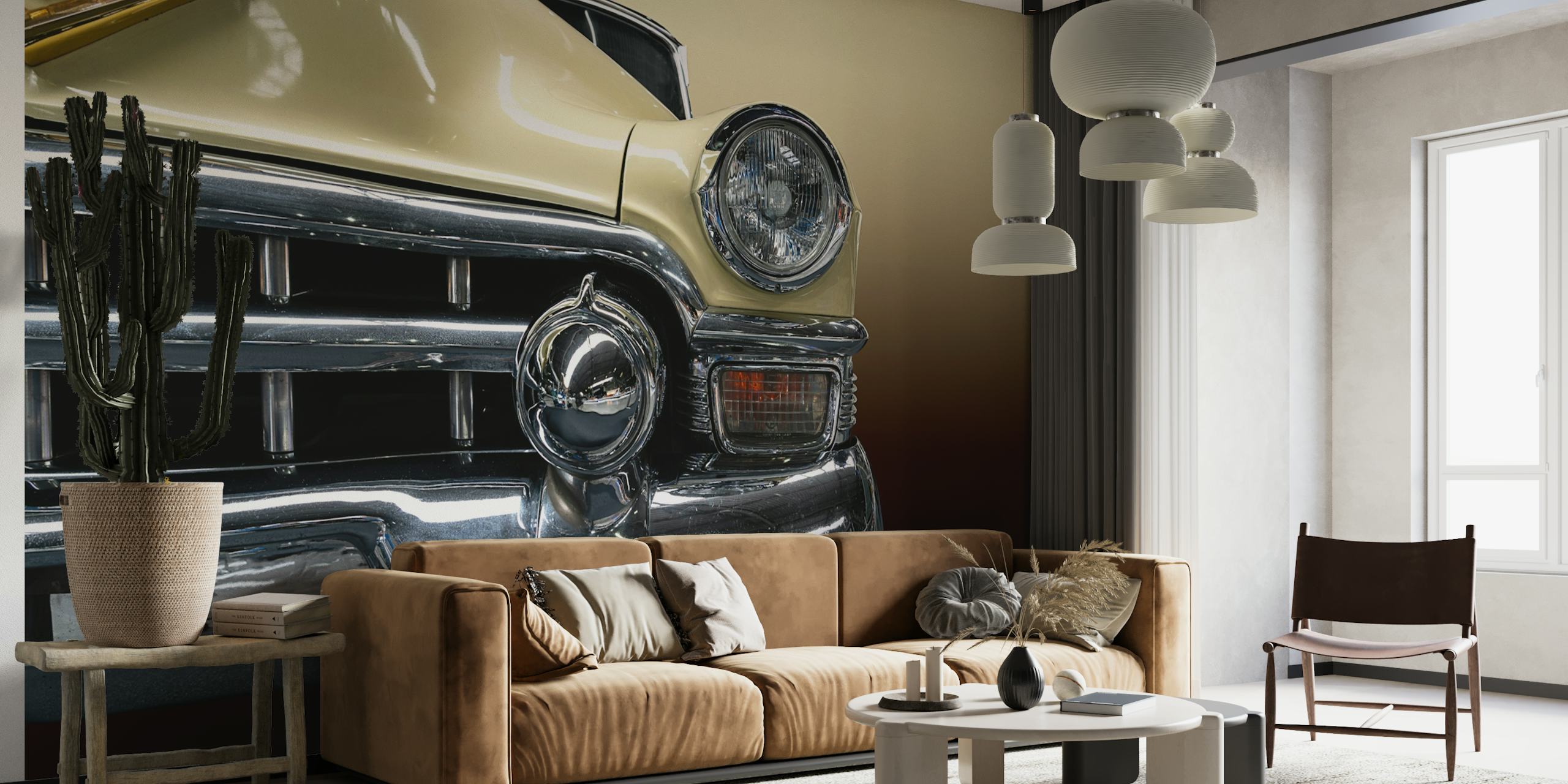 Vintage beige Cadillac muurschildering met chromen details