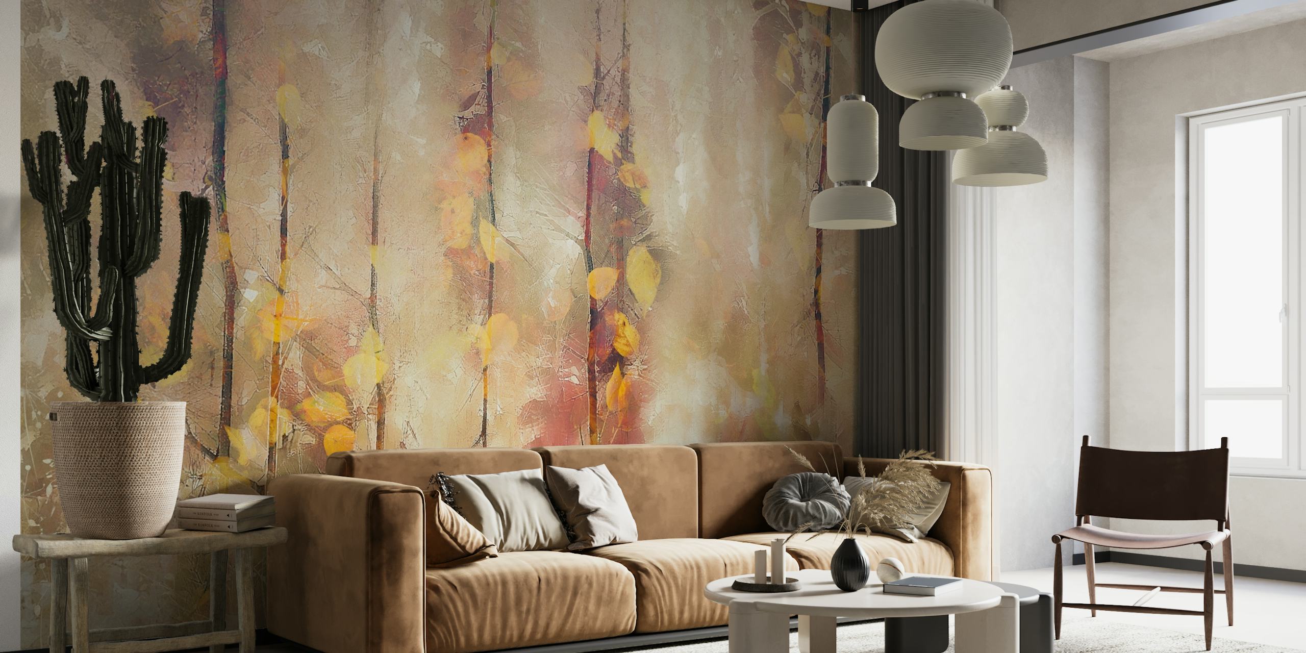 Abstract forest wall mural with soft colors and dreamy ambiance