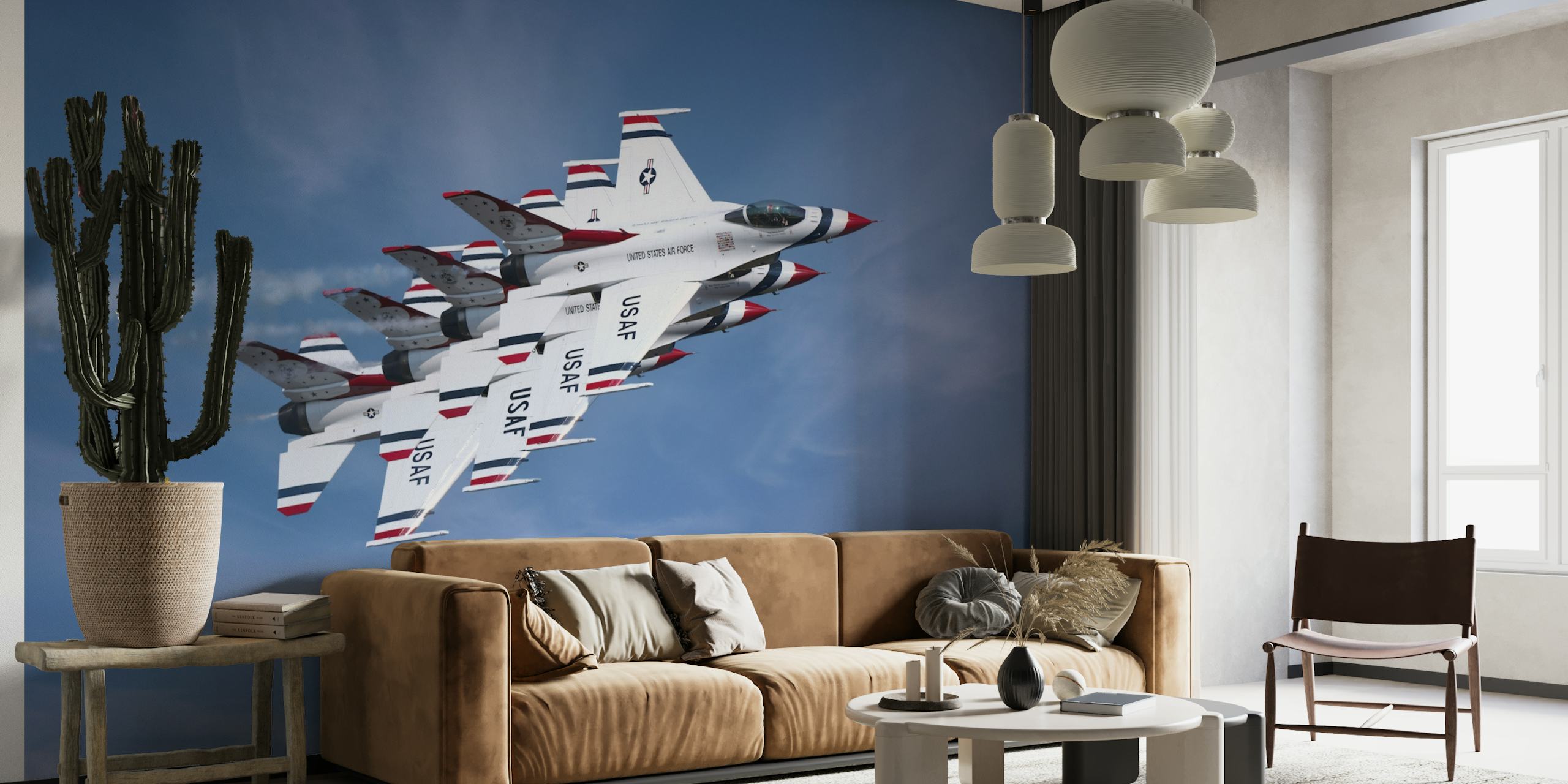 Four fighter jets flying in tight formation wall mural