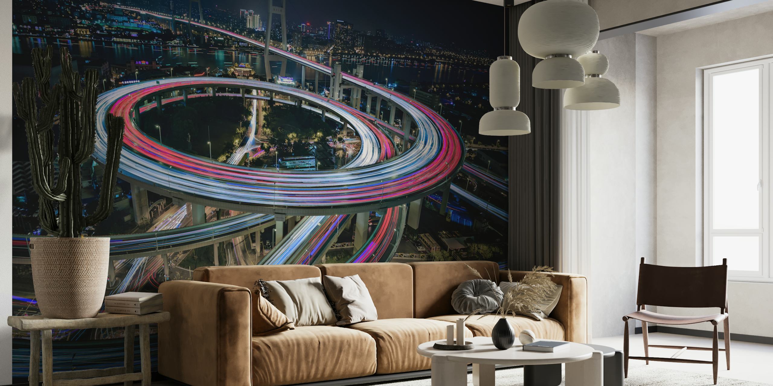 Mural del puente NanPu con paisaje urbano nocturno y senderos de tráfico iluminados
