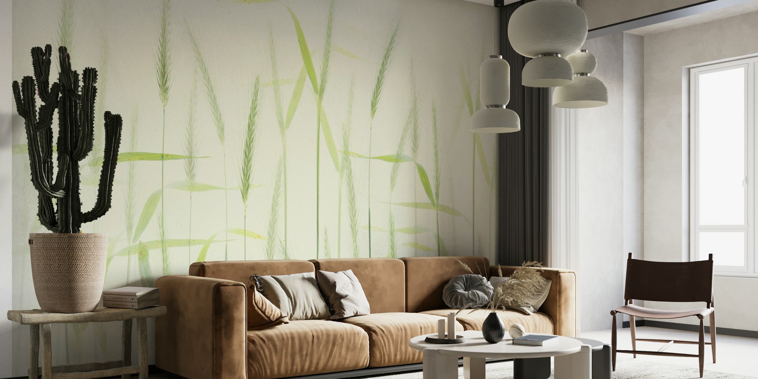 Peinture murale élégante de tiges de maïs douces avec de douces teintes vertes sur un fond blanc cassé.