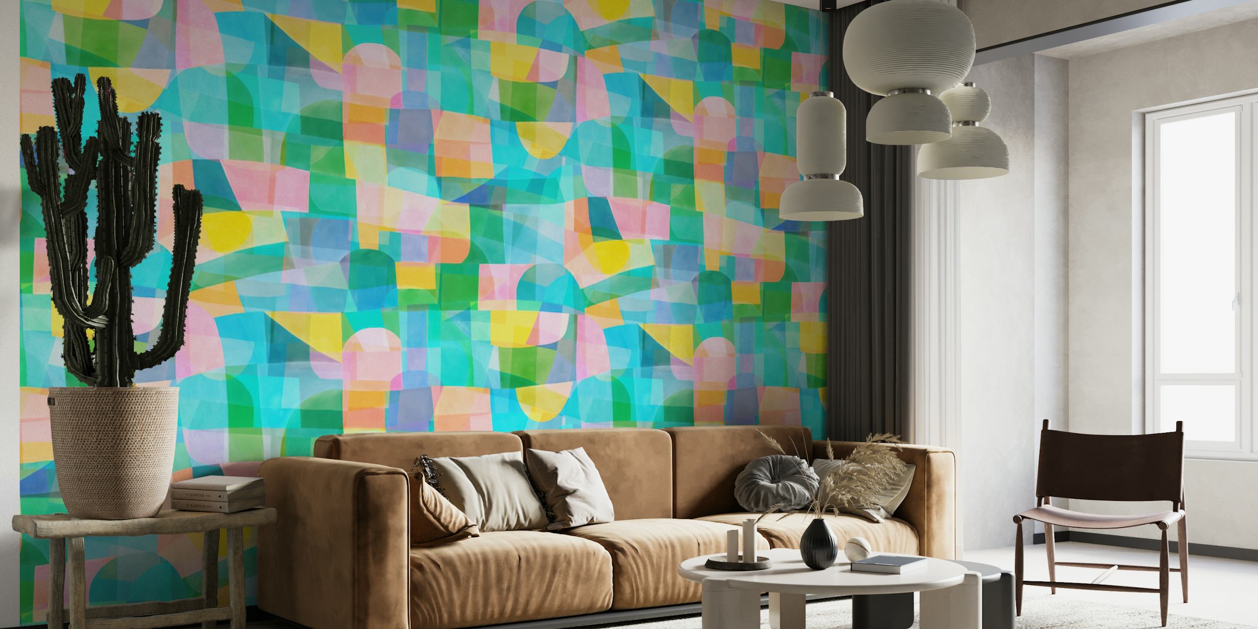 Colorful abstract geometric shapes in pastel pink, green and blue wallpaper
