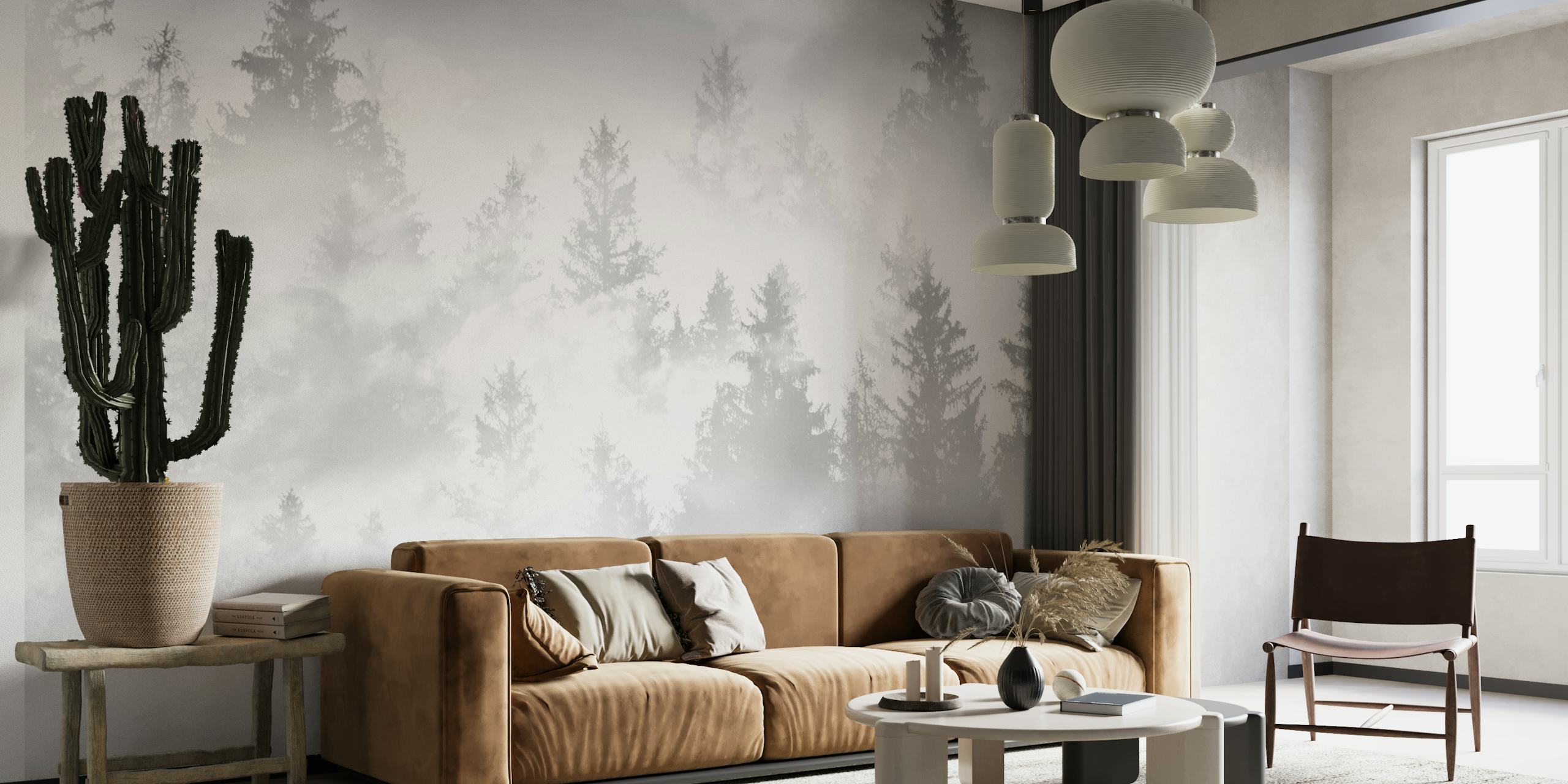 Misty forest wall mural in soft gray and white tones.