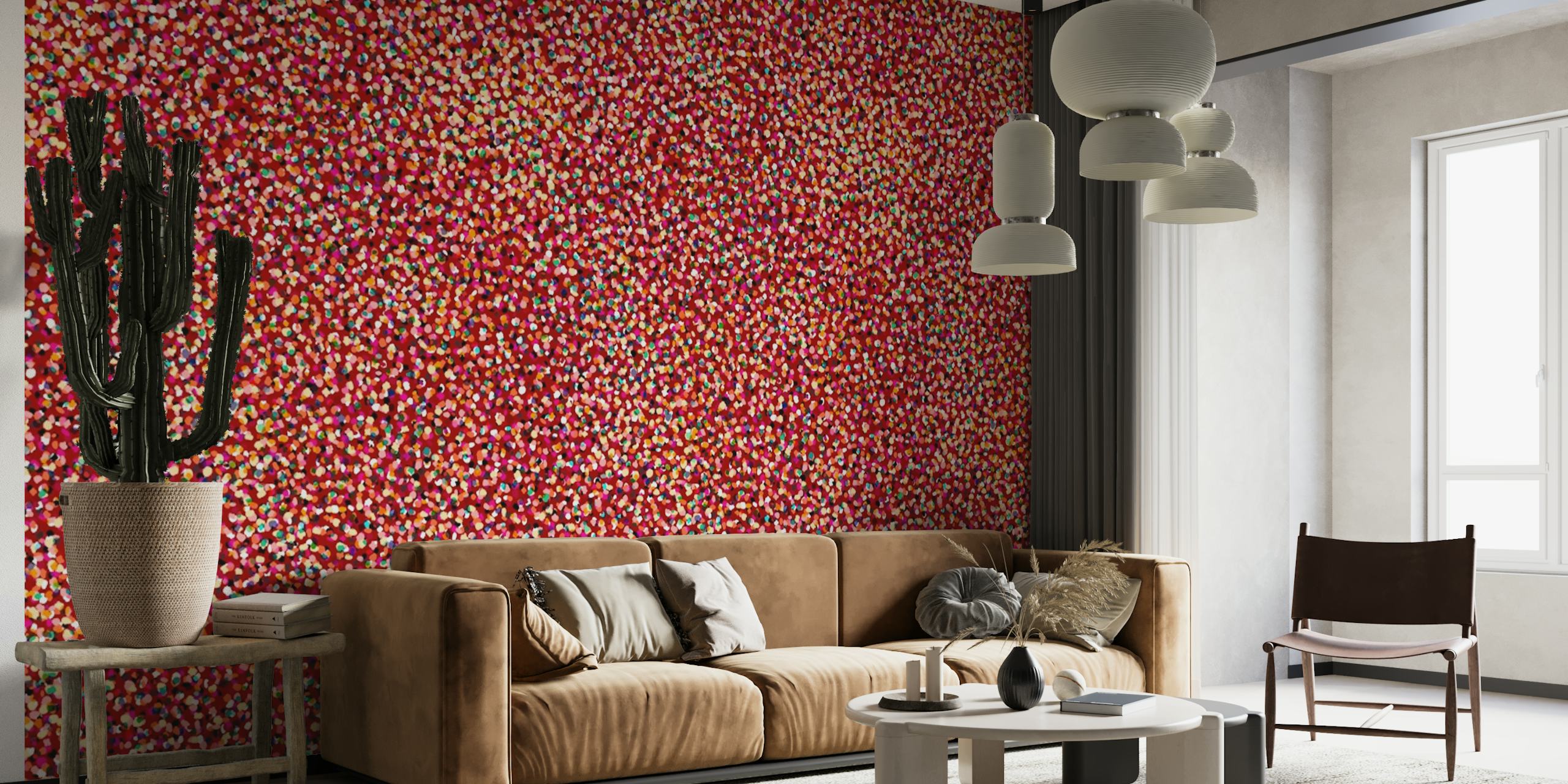 Red confetti pattern with colorful dots wallpaper