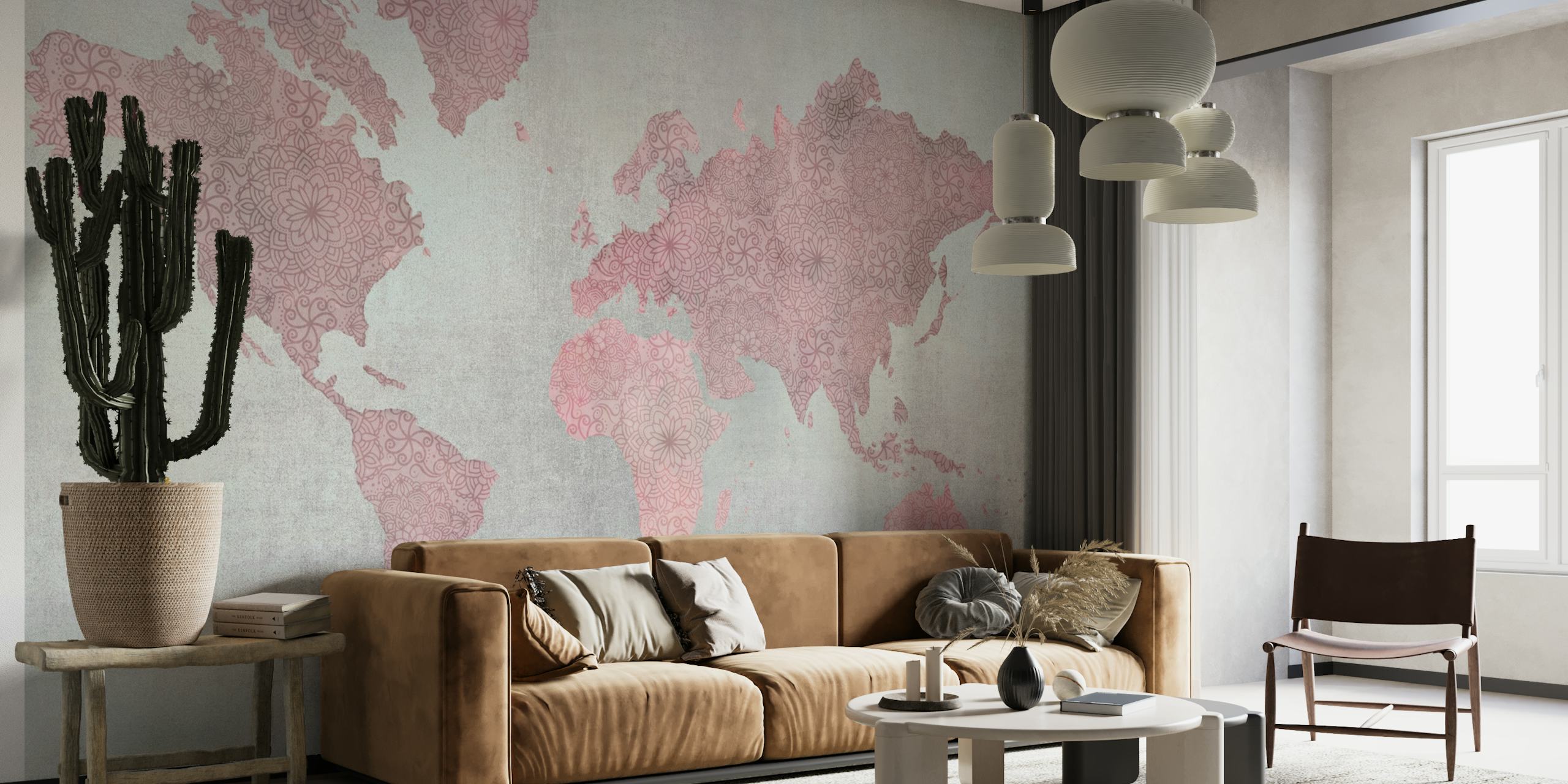 World Map Pink Grey papel pintado