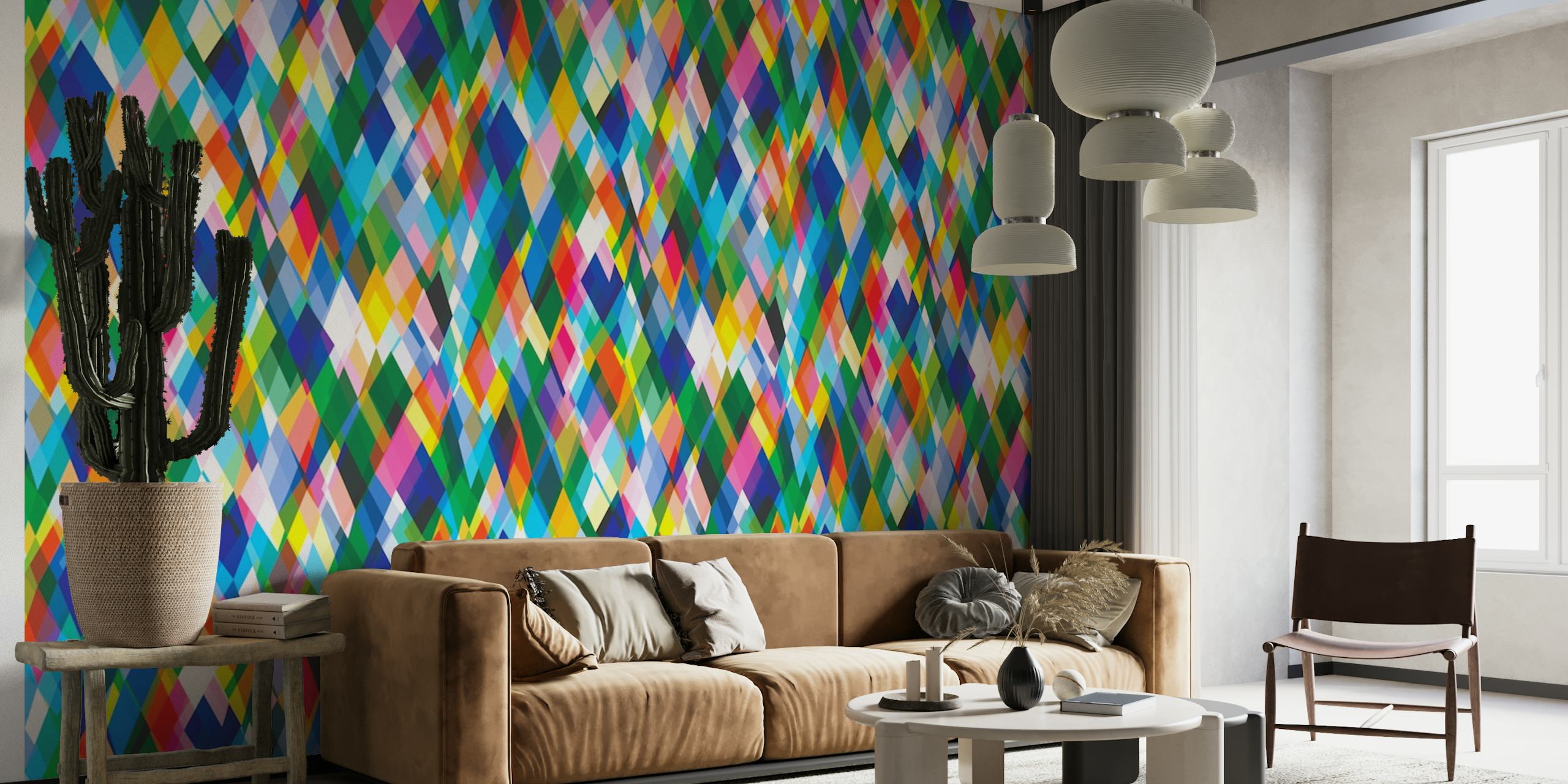 Kleurrijke muurschildering met harlekijnruitpatroon