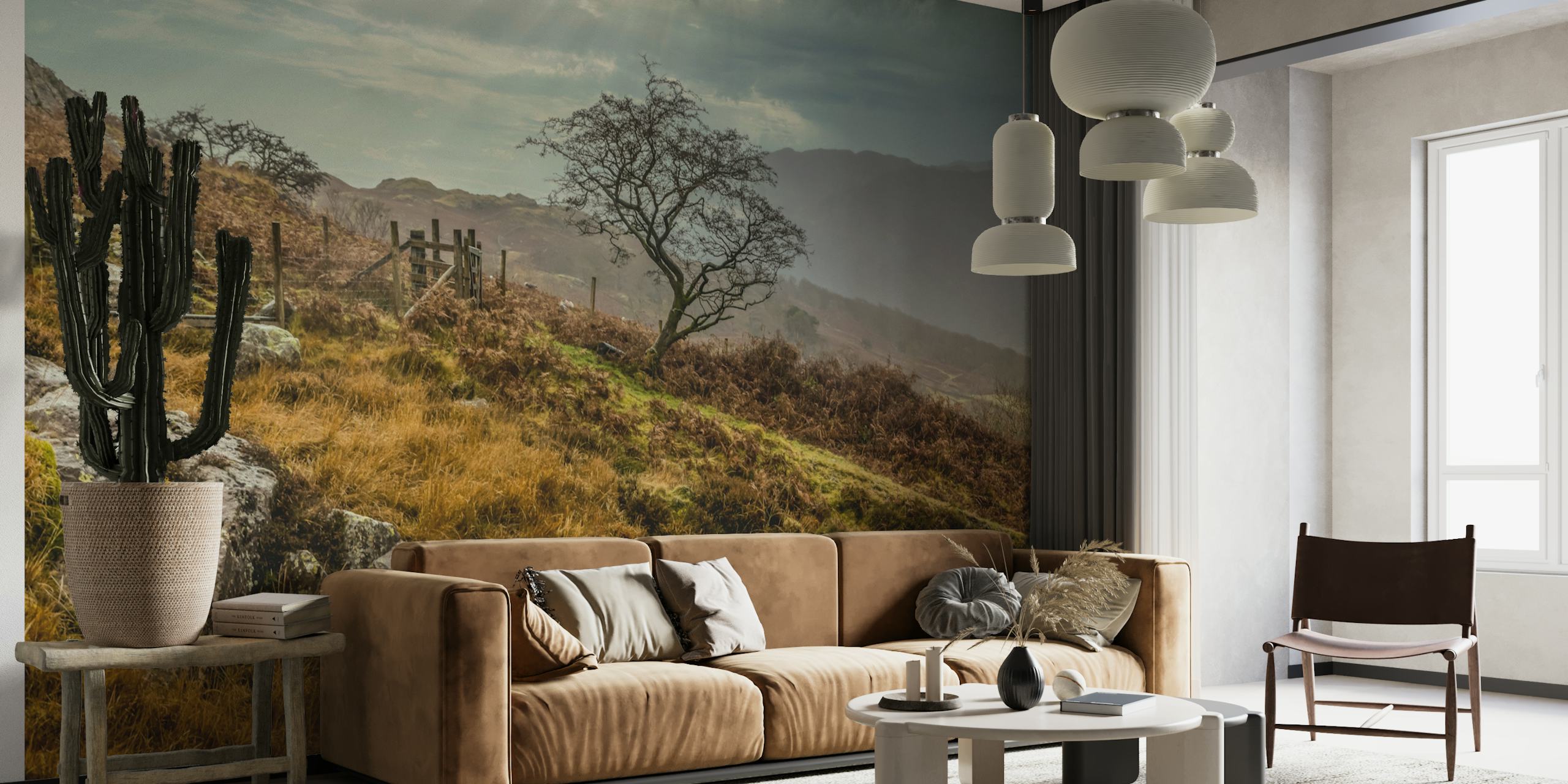 Lush landscape featuring a tree, rocky terrain, and cloudy skies wallpaper