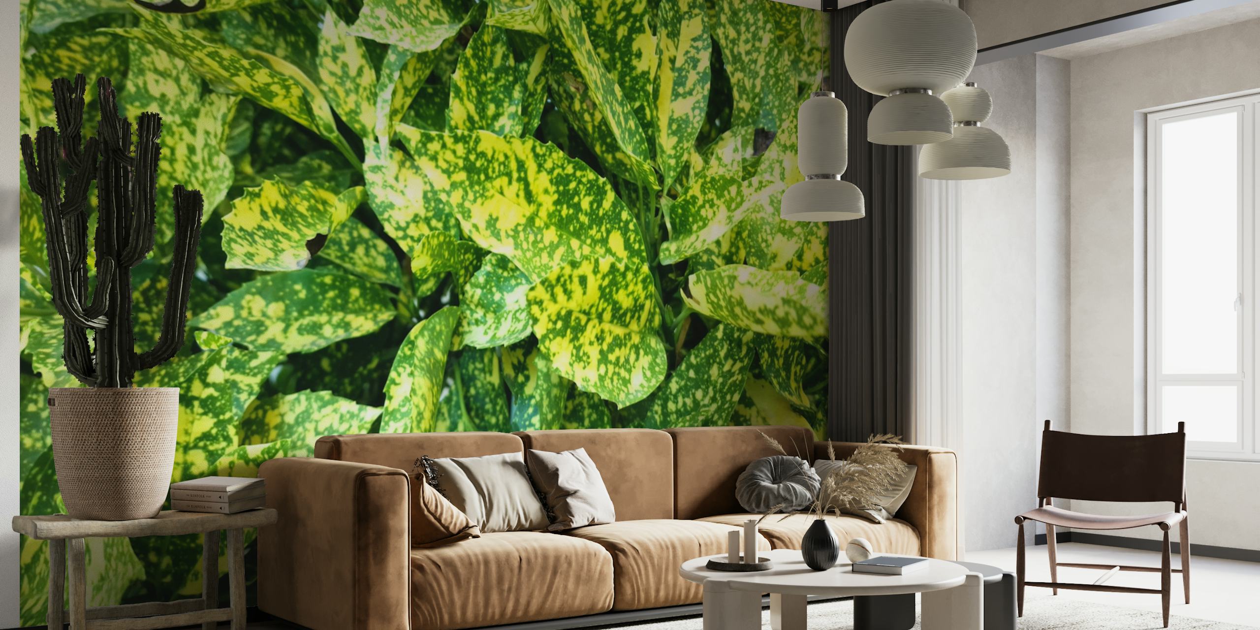 Lush green leaves pattern wall mural for tranquil interior decor