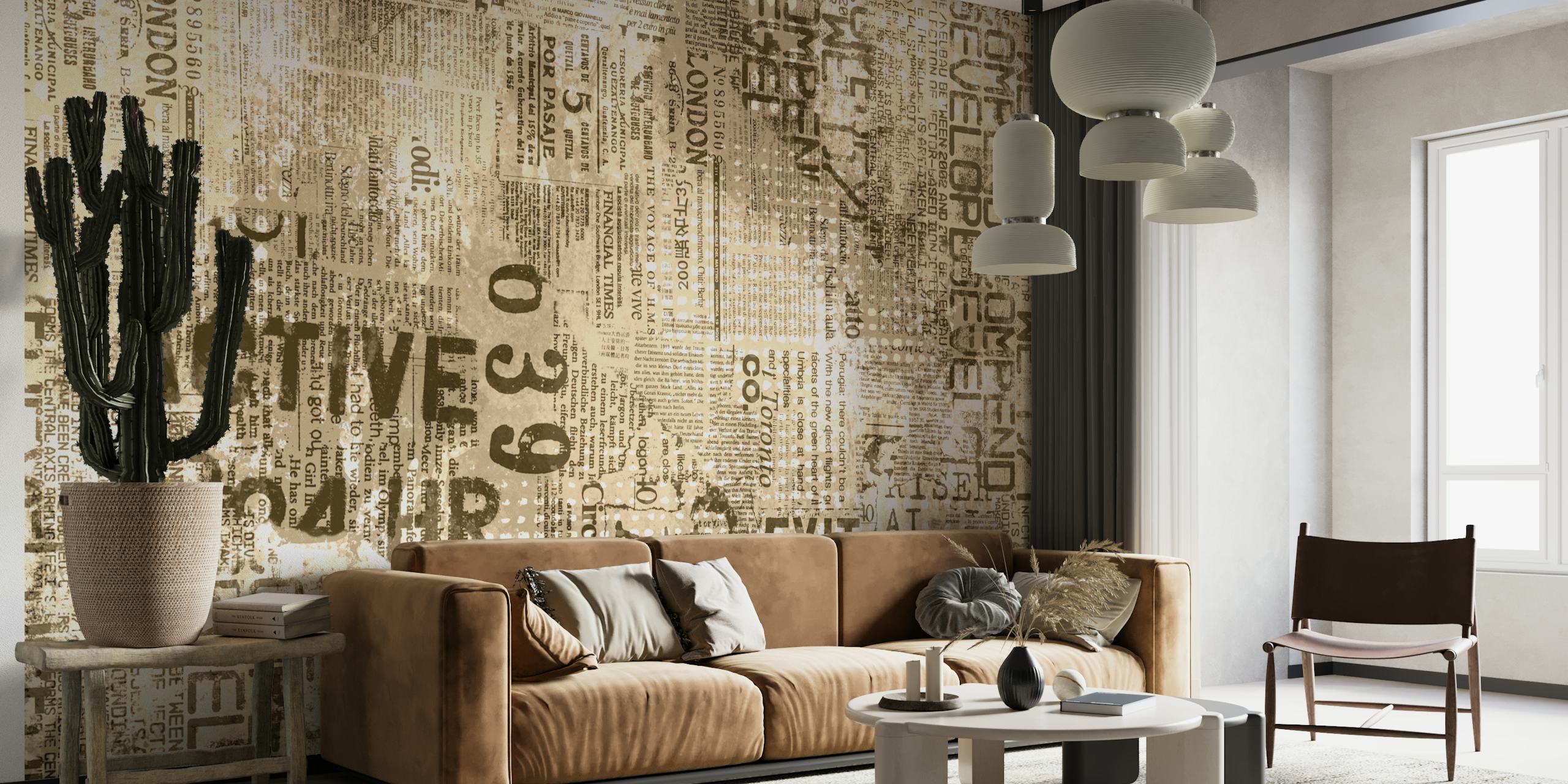 Urban beige and brown textured wallpaper with newspaper patterns