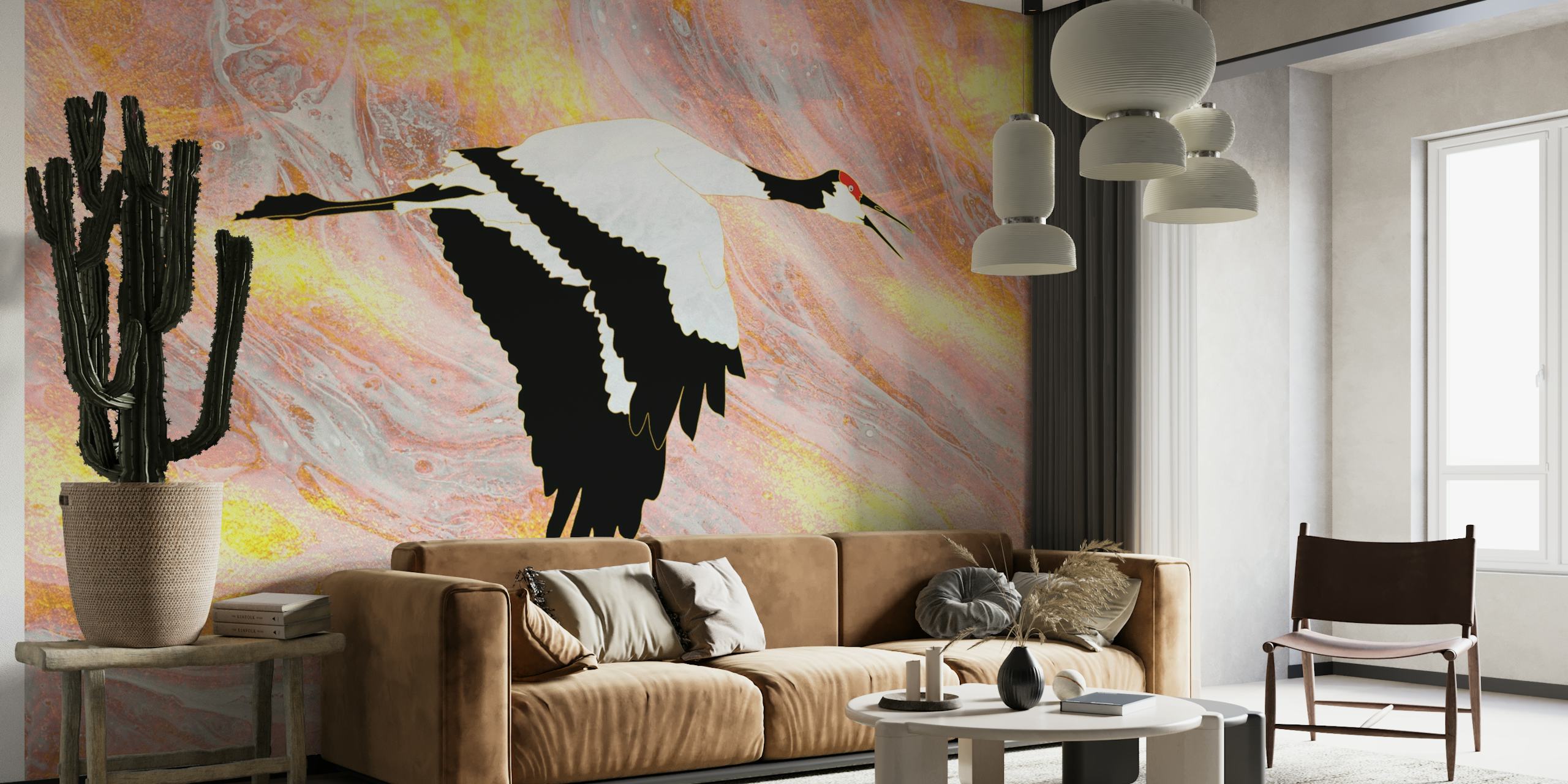 Flying Crane vægmaleri med abstrakt baggrund