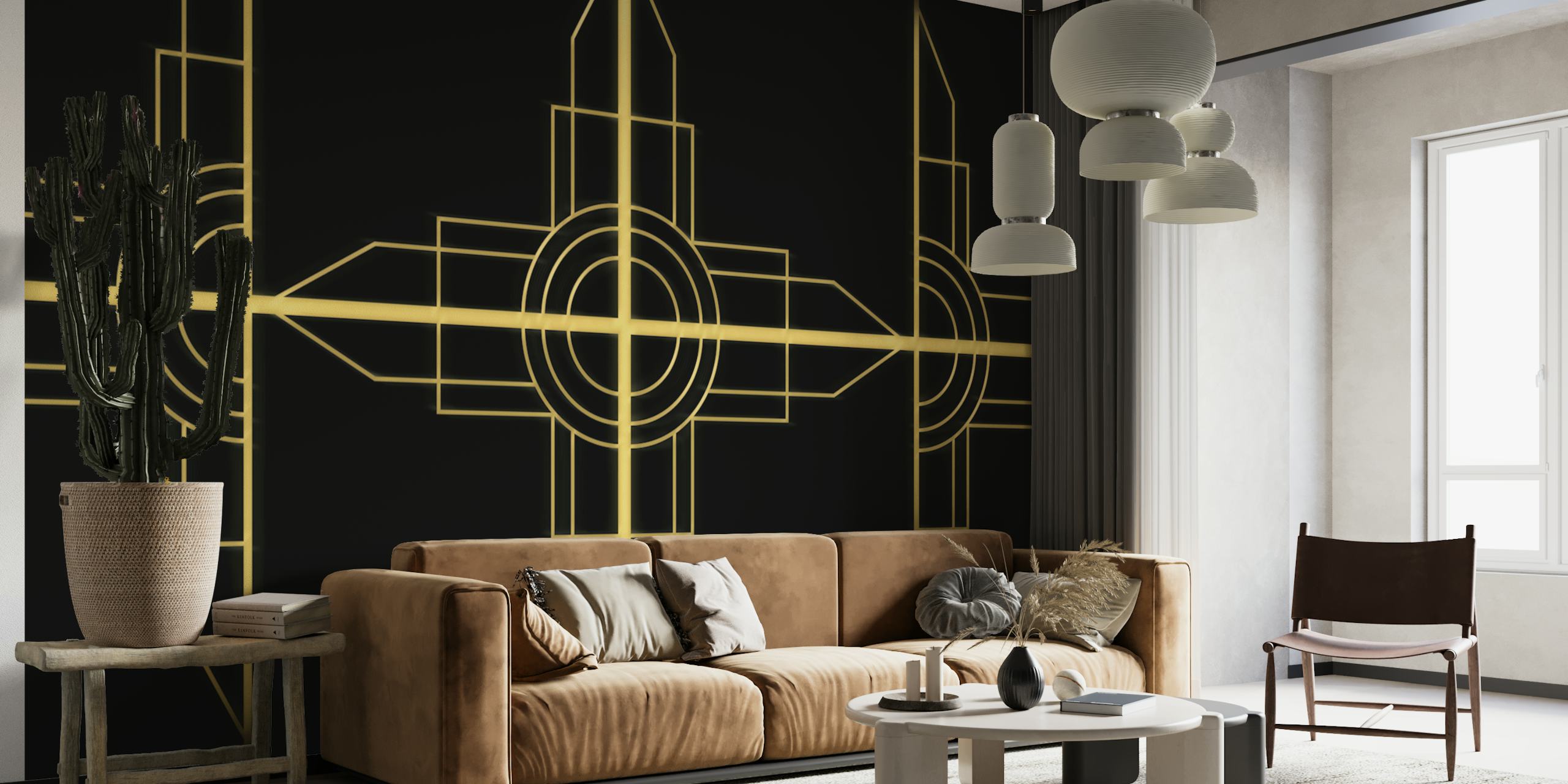 Gold geometric patterns on a black background wallpaper