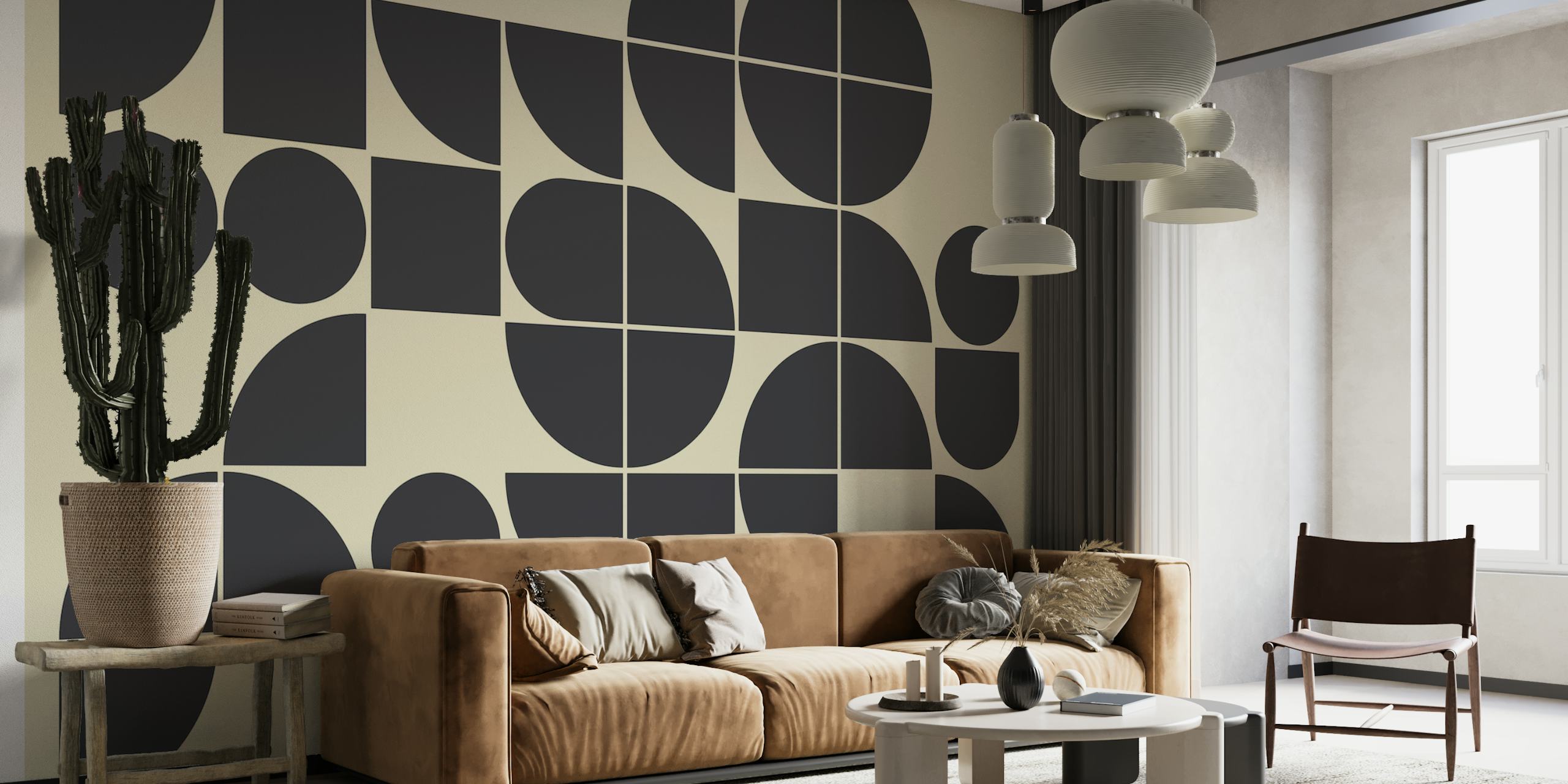 Solbrun och svart geometrisk Bauhaus-inspirerad väggmålning