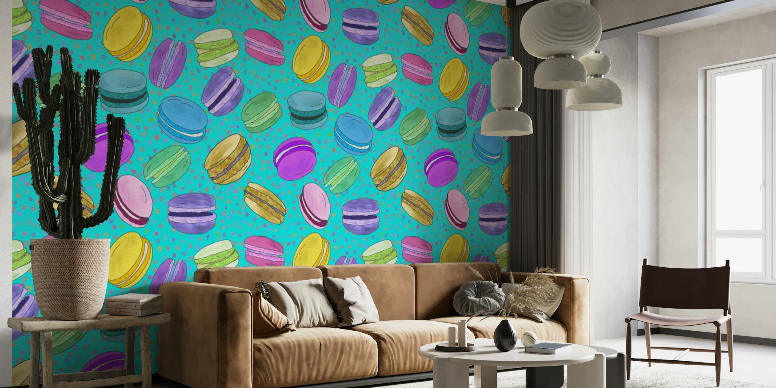 Macarons pattern on turquoise wallpaper