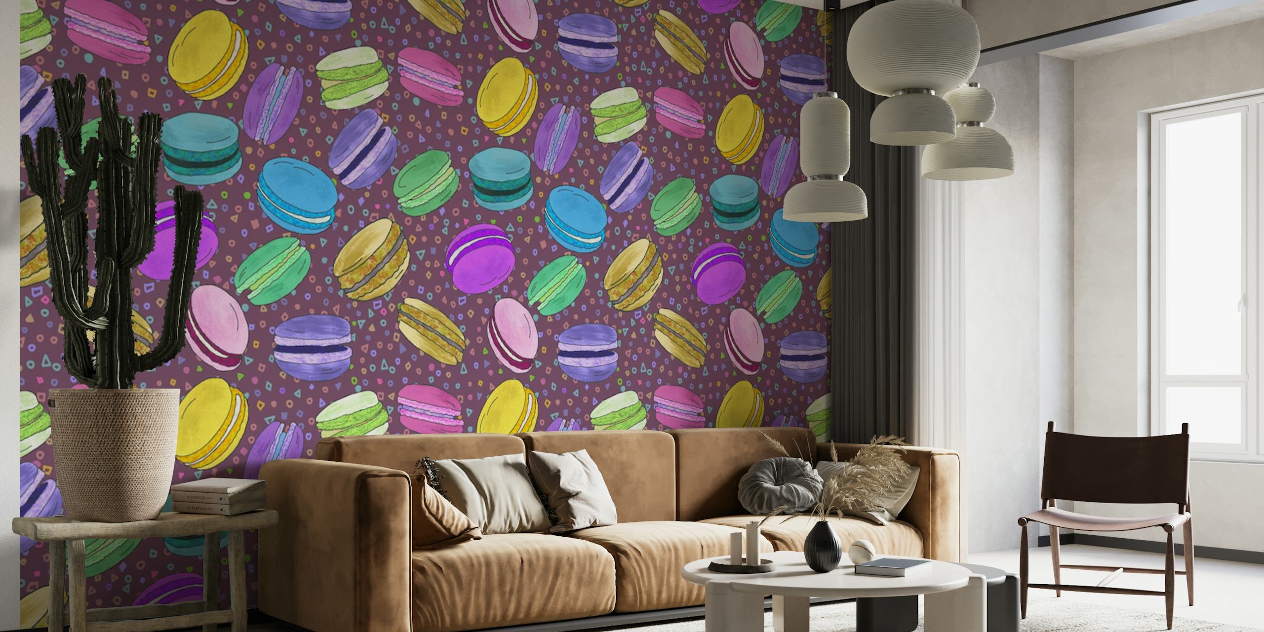 Macarons pattern on burgundy wallpaper