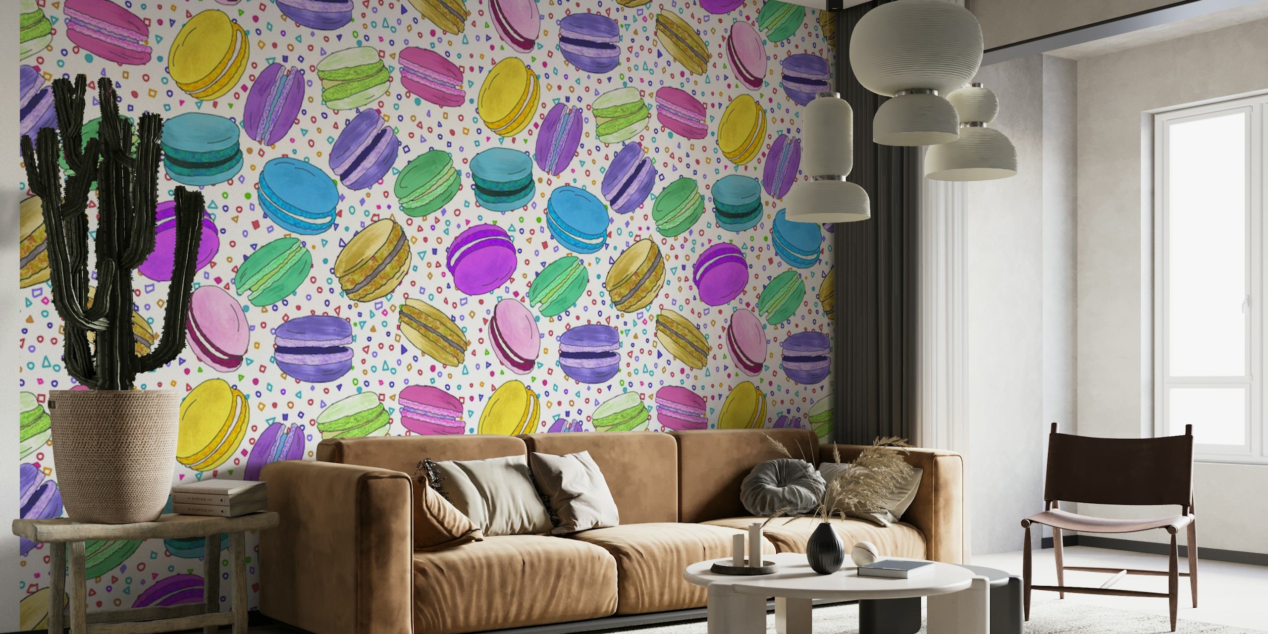 Kleurrijke macarons patroon muurschildering op een witte achtergrond