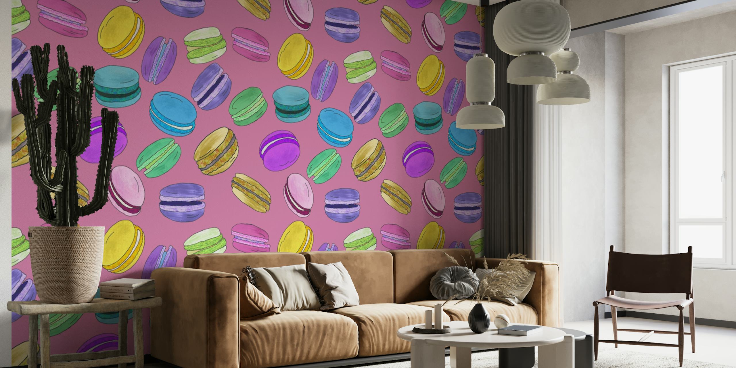 Kleurrijke macarons muurschildering op een stoffige roze achtergrond