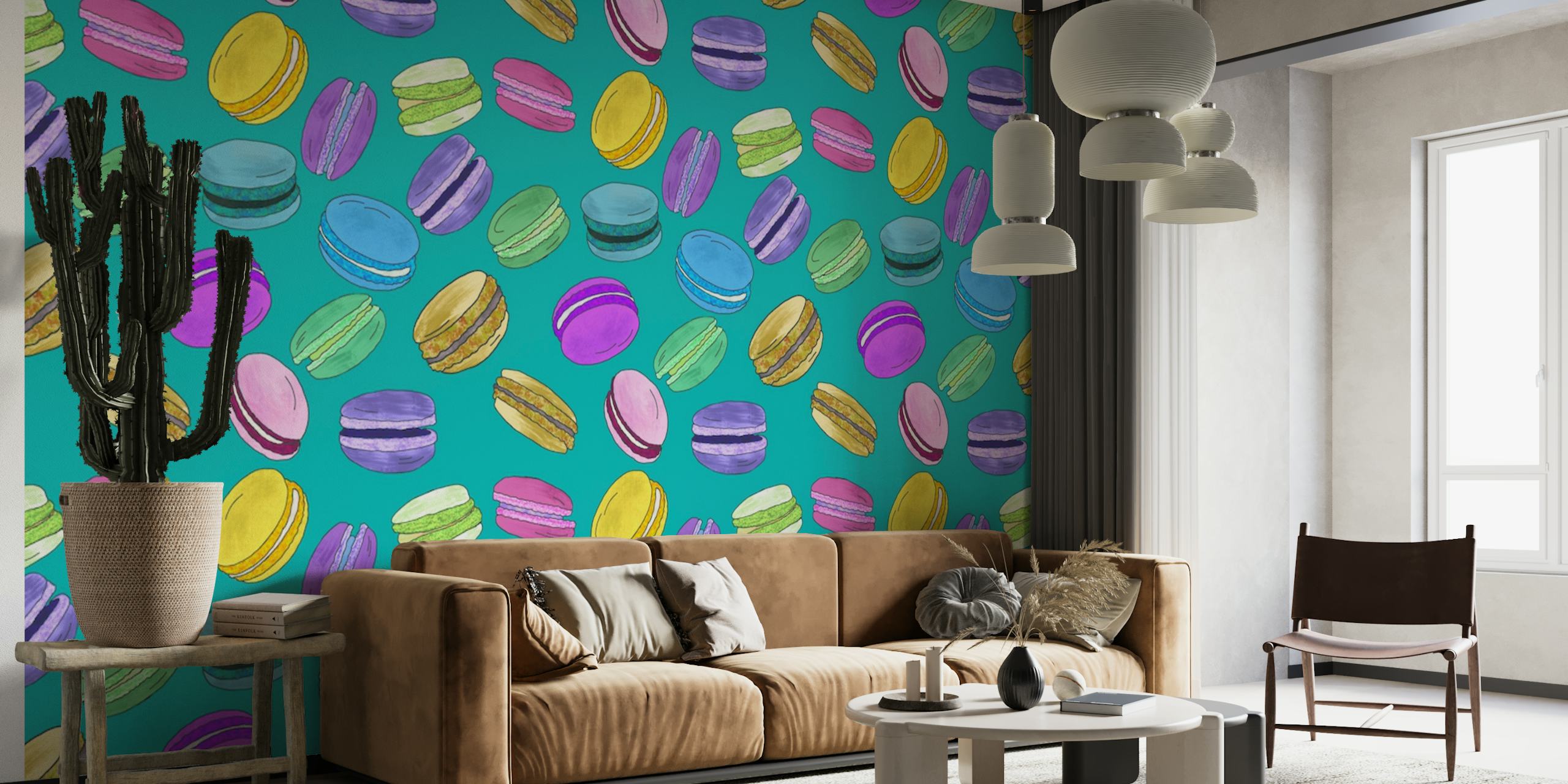 Macarons pattern on blue wallpaper
