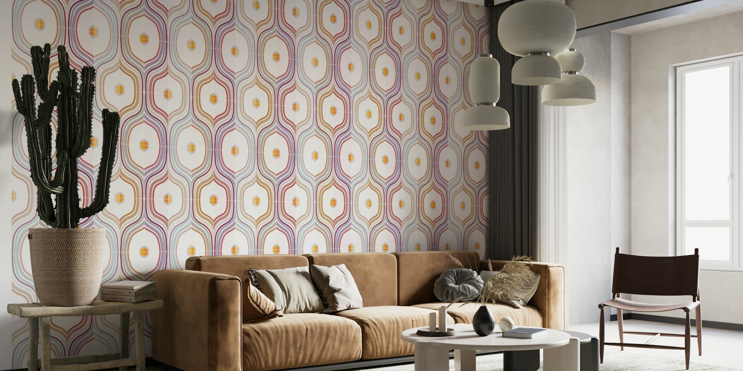 Fotomural vinílico de parede com padrão de azulejo vintage e formas geométricas em tons pastel