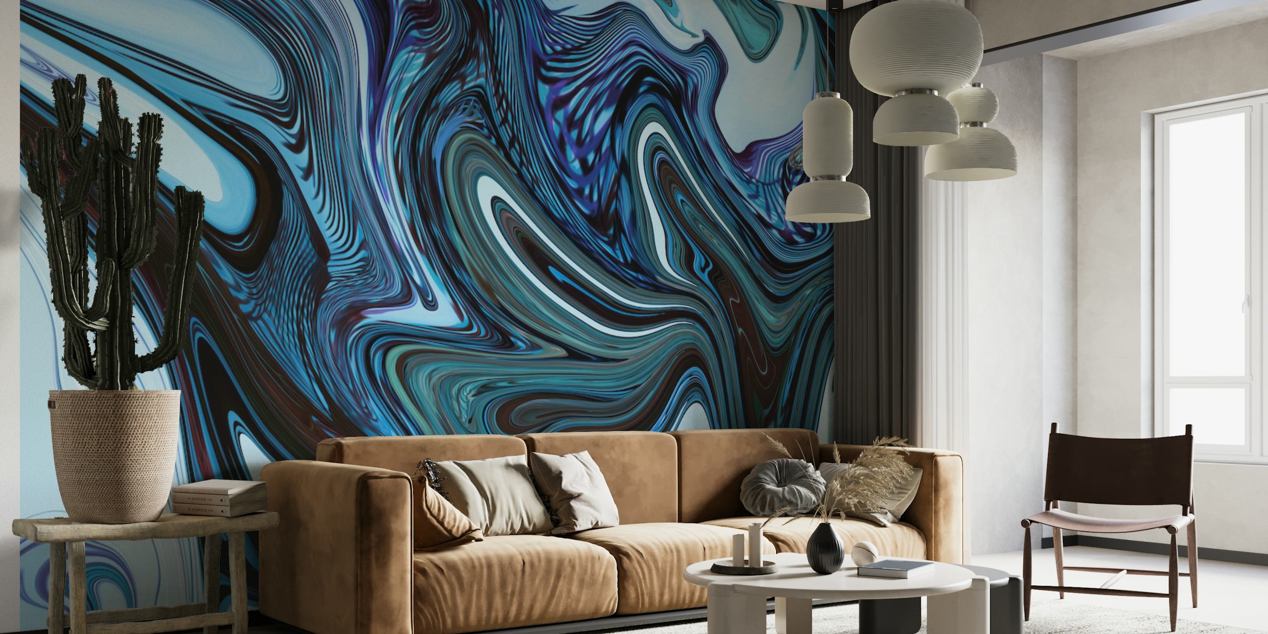 Sininen marmorinen meriaaltotapetti huoneessa