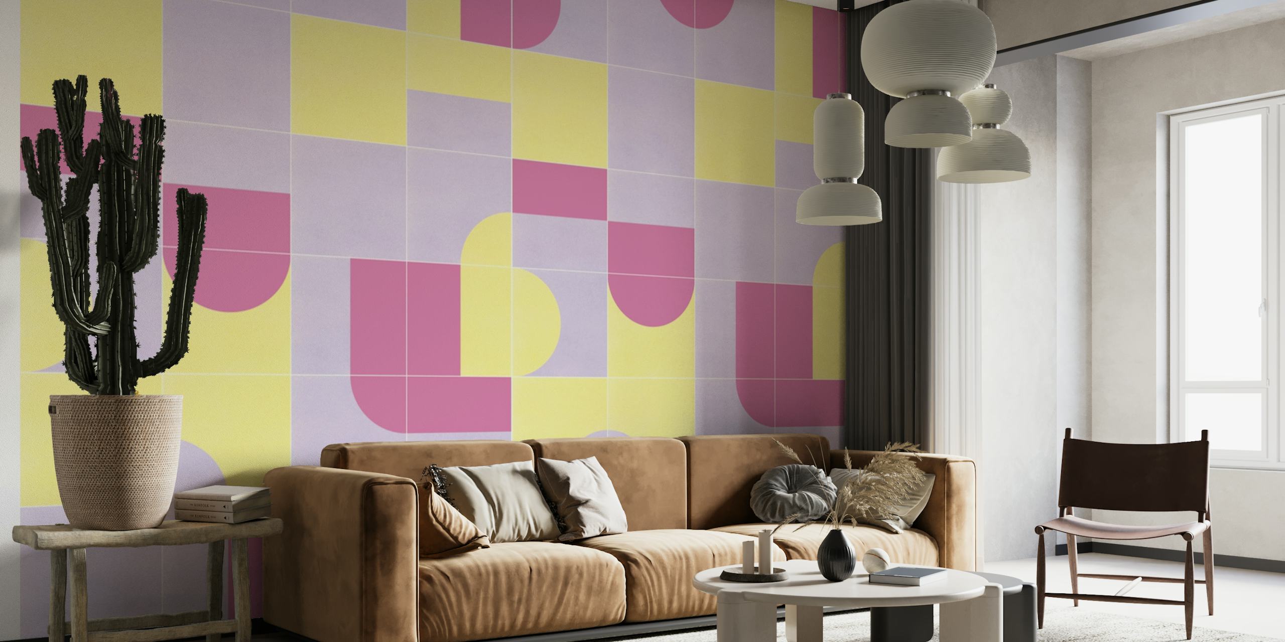 Muurschildering in pastelkleurige geometrische vormen in vintage-stijl
