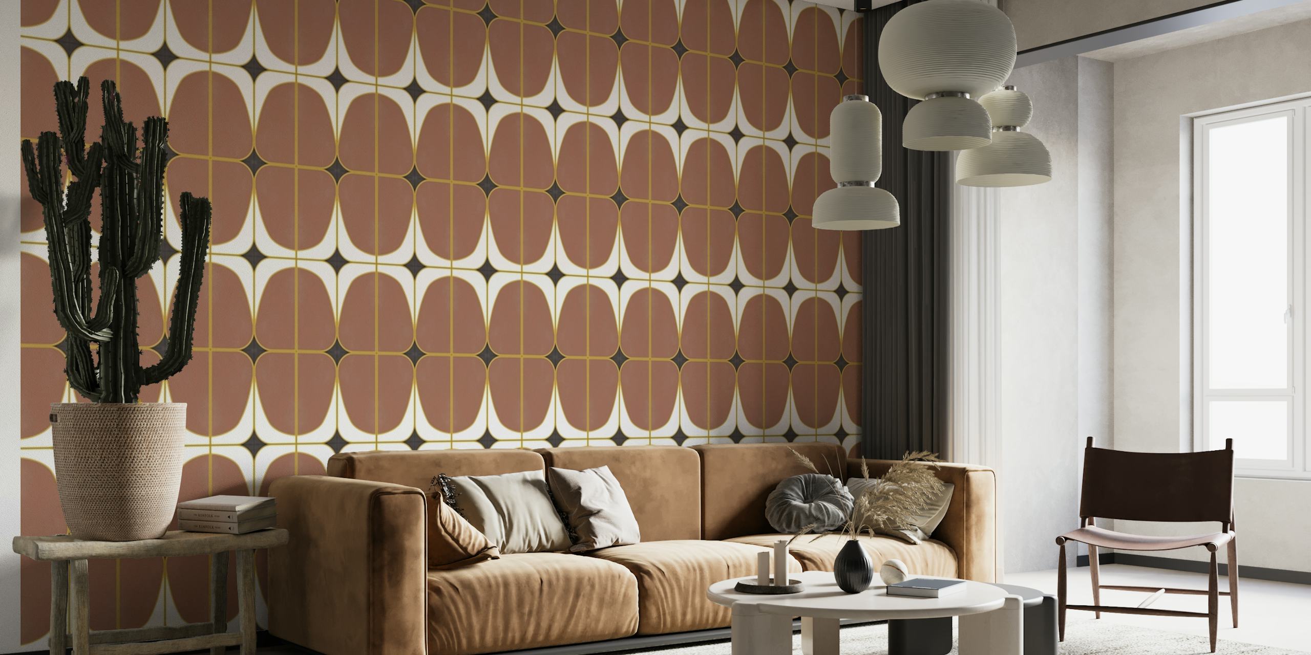 Retro seventies-style tile pattern wall mural with earthy tones